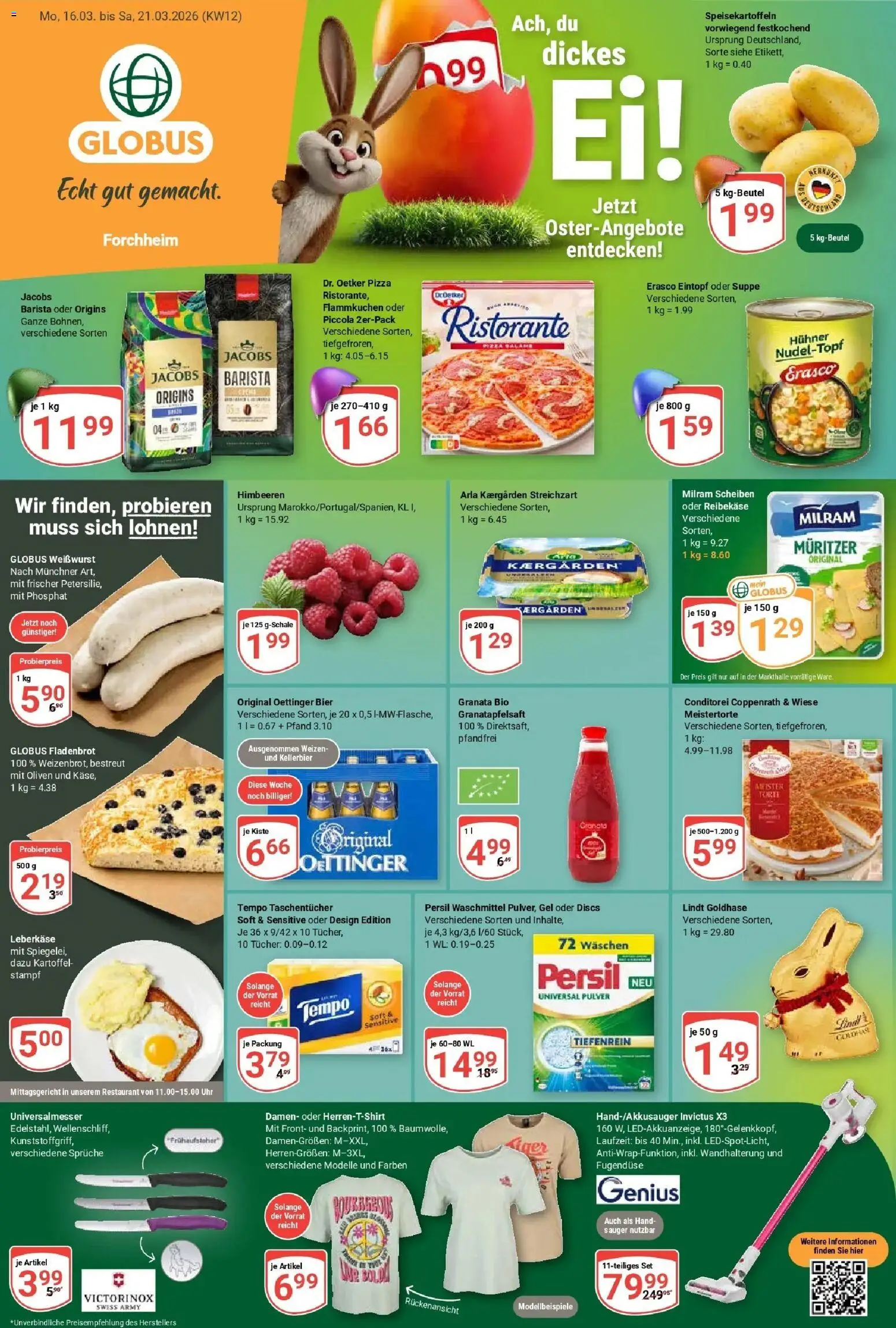 Vorschau von dem Prospekt des Geschäftes Globus, gültig ab dem 15.03.2026 - Uhr, Bier, Lindt, Ristorante, Oettinger, Tempo, Taschentücher, Milram