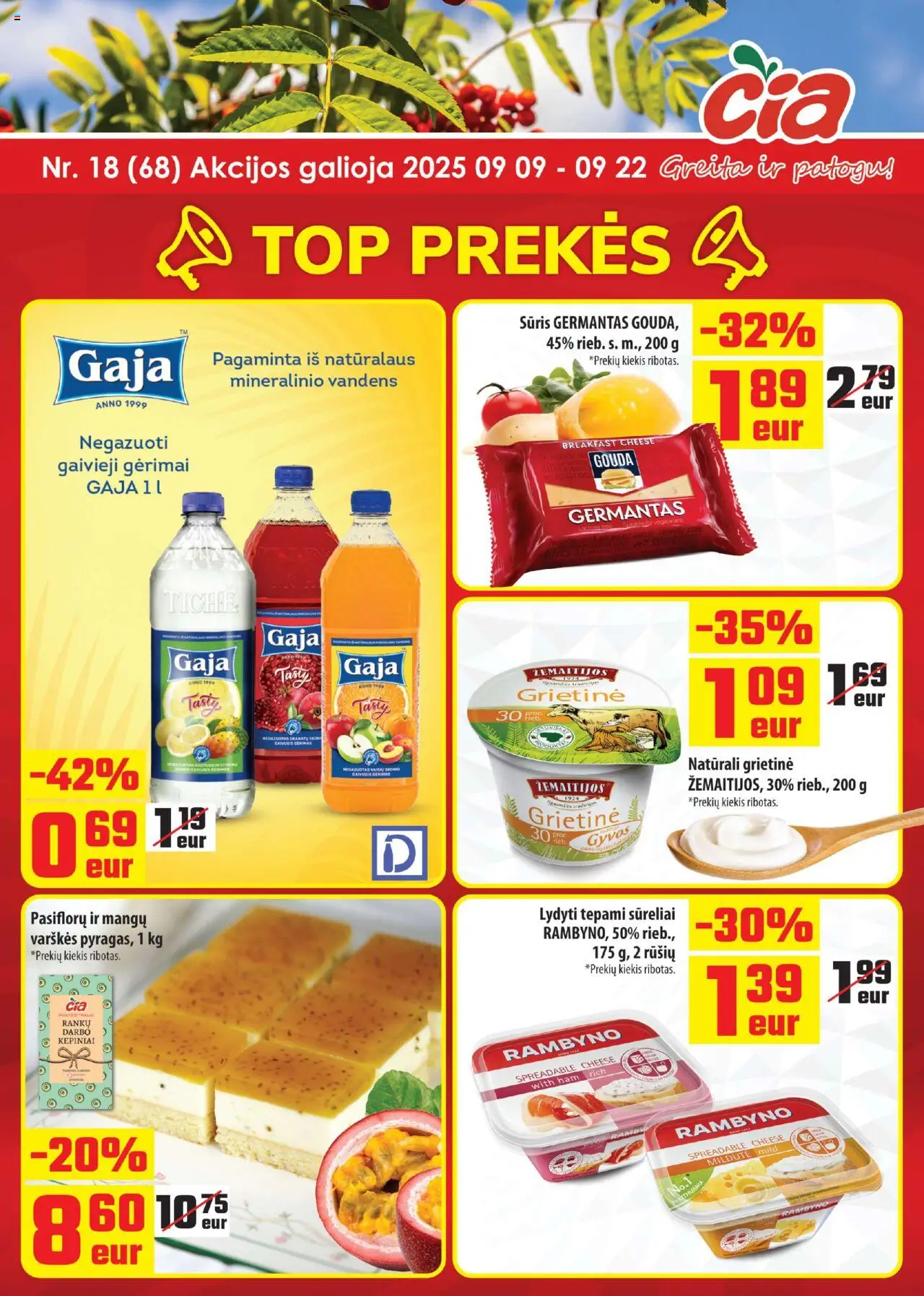 ČIA MARKET leidinys galioja nuo 2025.09.09 – puslapio numeris 1 - Pyragas, Sūris, Grietinė