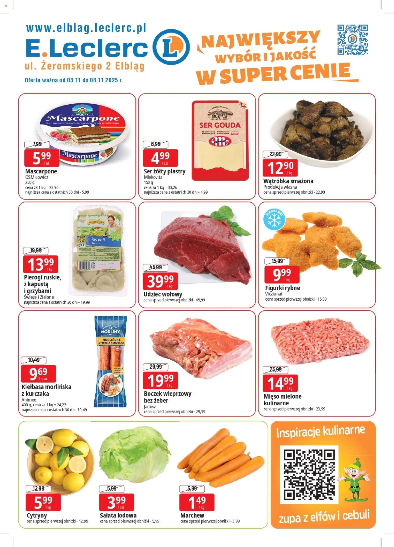 Pogląd gazetki "Elbląg" ze sklepu E.Leclerc ważnej od 03.11.2025 - Kiełbasa, Figurki, Cytryny, Boczek, Sałata, Ser żółty, Salata lodowa, Boczek wieprzowy