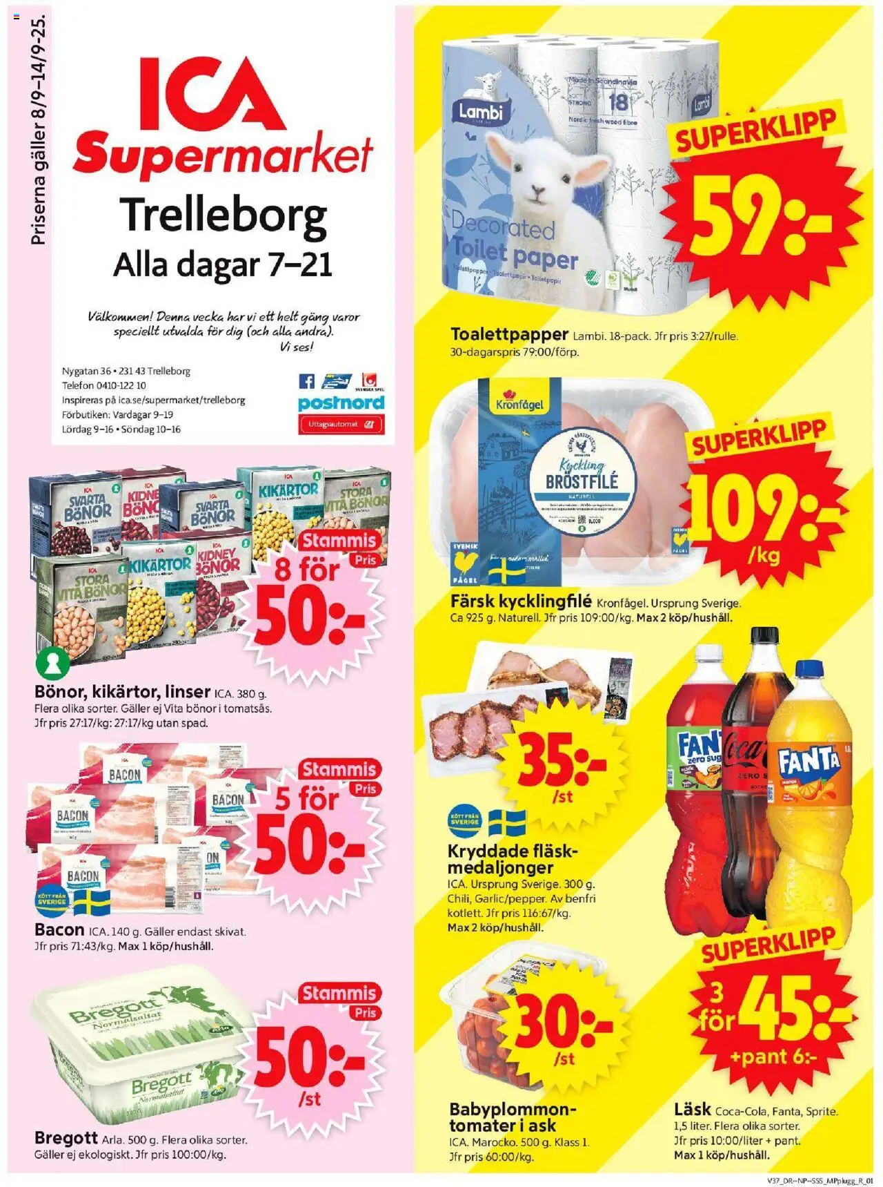 Trelleborg är giltig 08/09 2025 > Veckans Erbjudanden gäller från 08/09/2025 till 14/09/2025 sidnummer 1 - Linser, Kycklingfile, Bregott, Bacon, Toalettpapper, Bönor, Fläsk, Kyckling