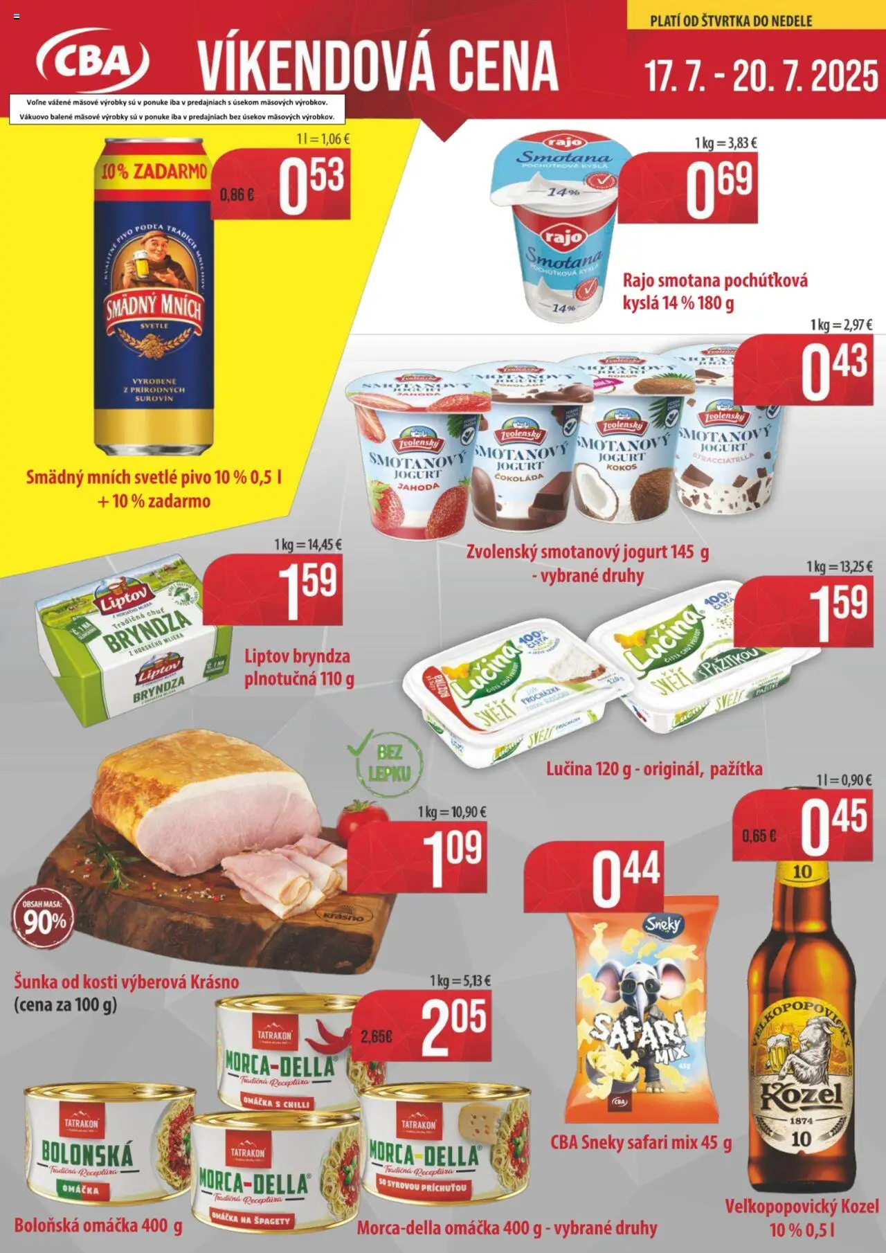 Nitrazdroj Víkendové ceny CBA (17.07. - 20.07.2025) - Akčná ponuka - Pivo, Čokoláda, Špagety, Chilli, Jogurt, Smotana, Pažítka, Smädný Mních