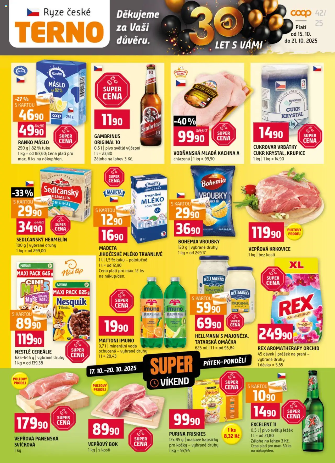 Náhled nabídky: Terno Leták platný od 15.10.2025 - Máslo, Pivo, Mléko, Ananas, Krkovice, Vepřová krkovice, Majonéza, Sedlčanský Hermelín