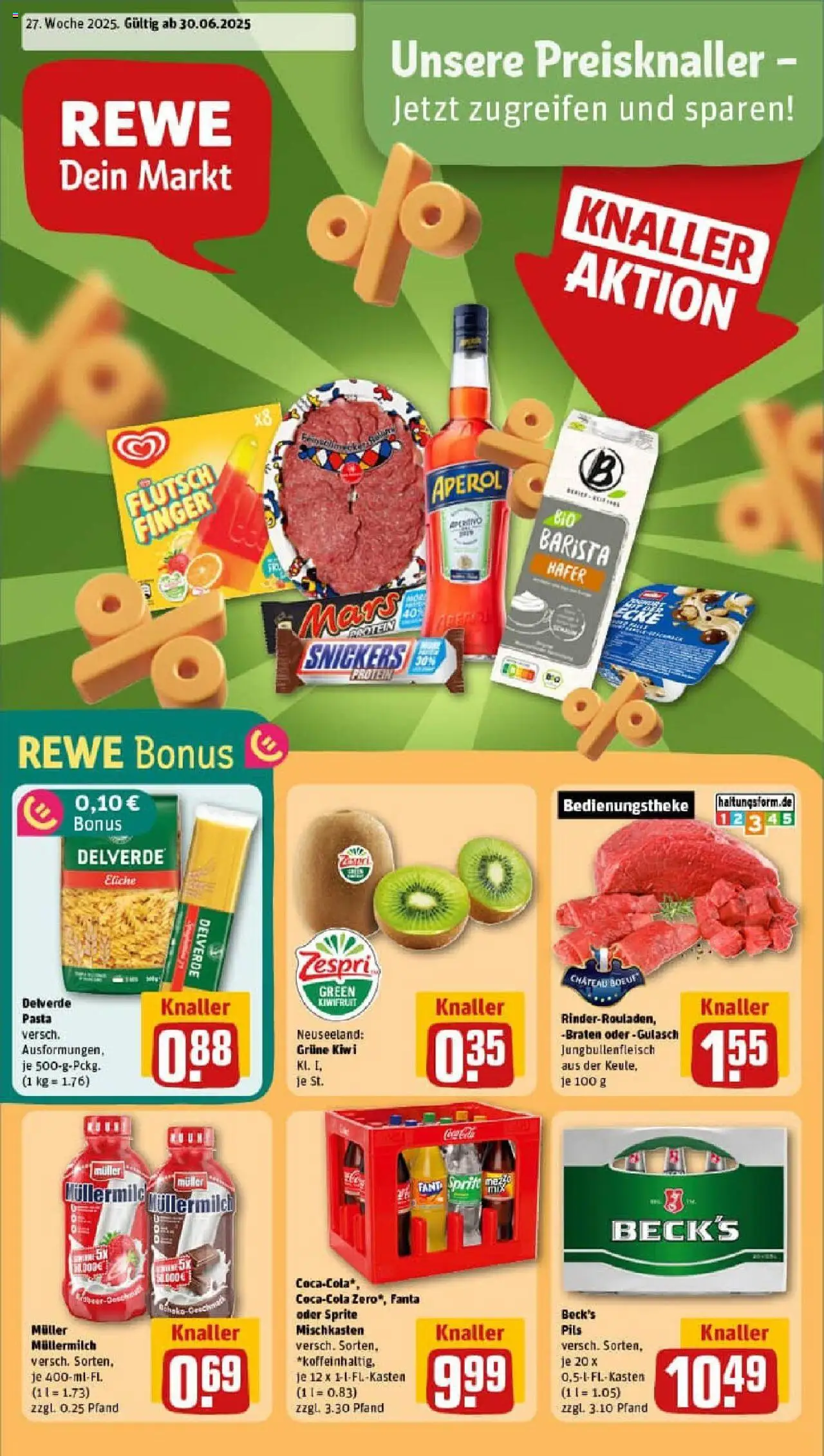 REWE Prospekt ab 29.06.2025 nächste Woche - Prospekt Köln / Rodenkirchen - Pasta, Aperol, Gulasch, Kiwi, Snickers, Müllermilch, Sprite, Pils