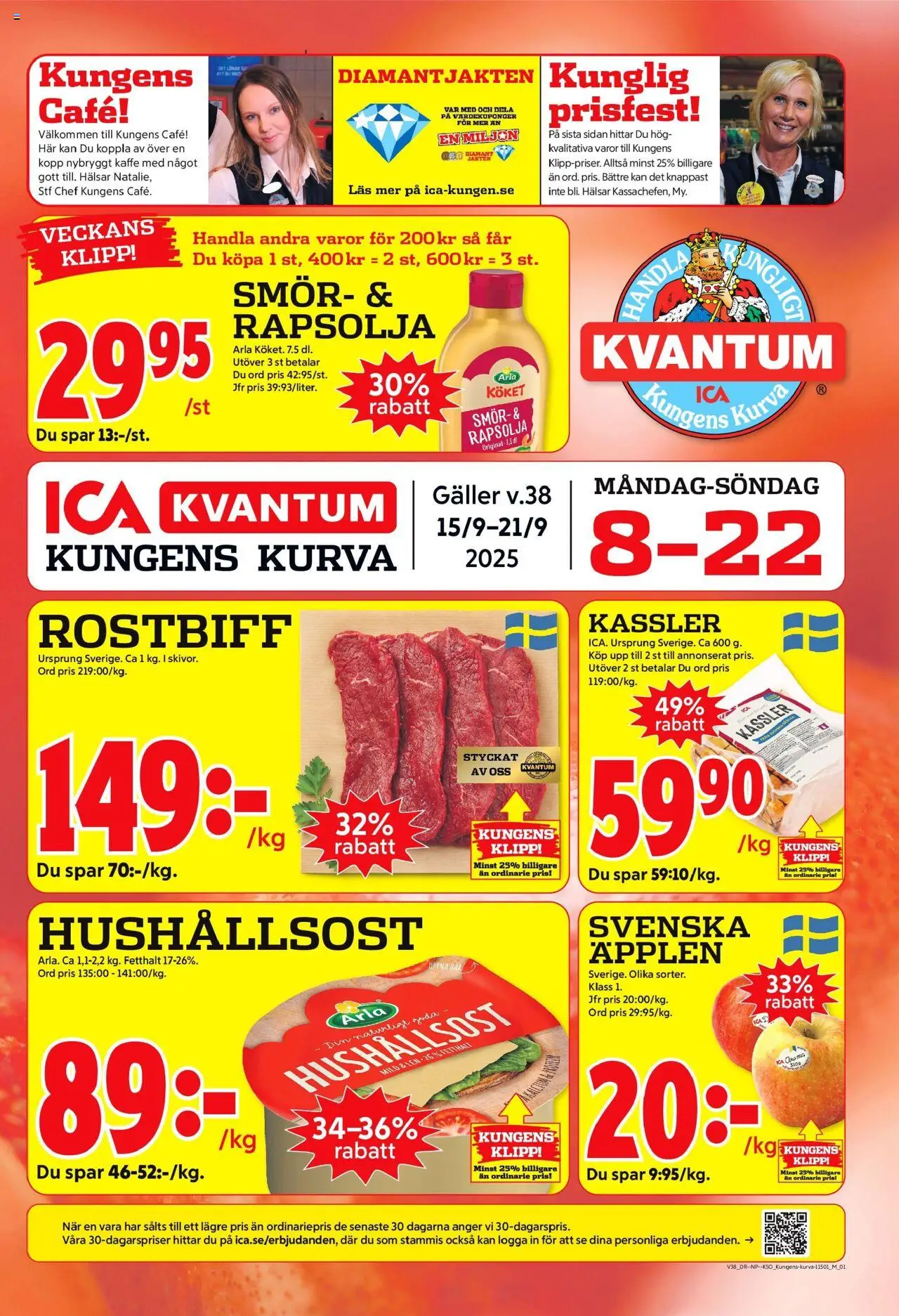Kungens Kurva är giltig 15/09 2025 > Veckans Erbjudanden gäller från 15/09/2025 till 21/09/2025 sidnummer 1 - Äpplen, Kaffe, Rostbiff, Smör, Kassler, Galler, Rapsolja, Hushållsost
