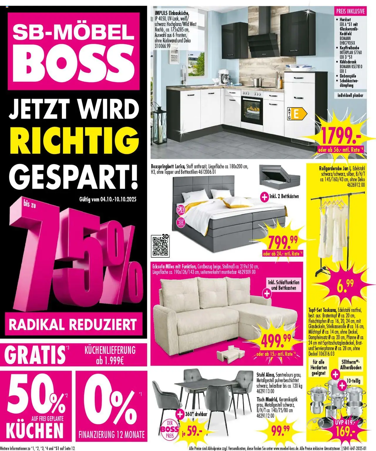 SB Möbel Boss Prospekt (vom 04.10.2025 - 10.10.2025) - Kühlschrank, Kuchen, Boxspringbett, Ecksofa, Stuhl, Tisch, Topper, Kochfeld