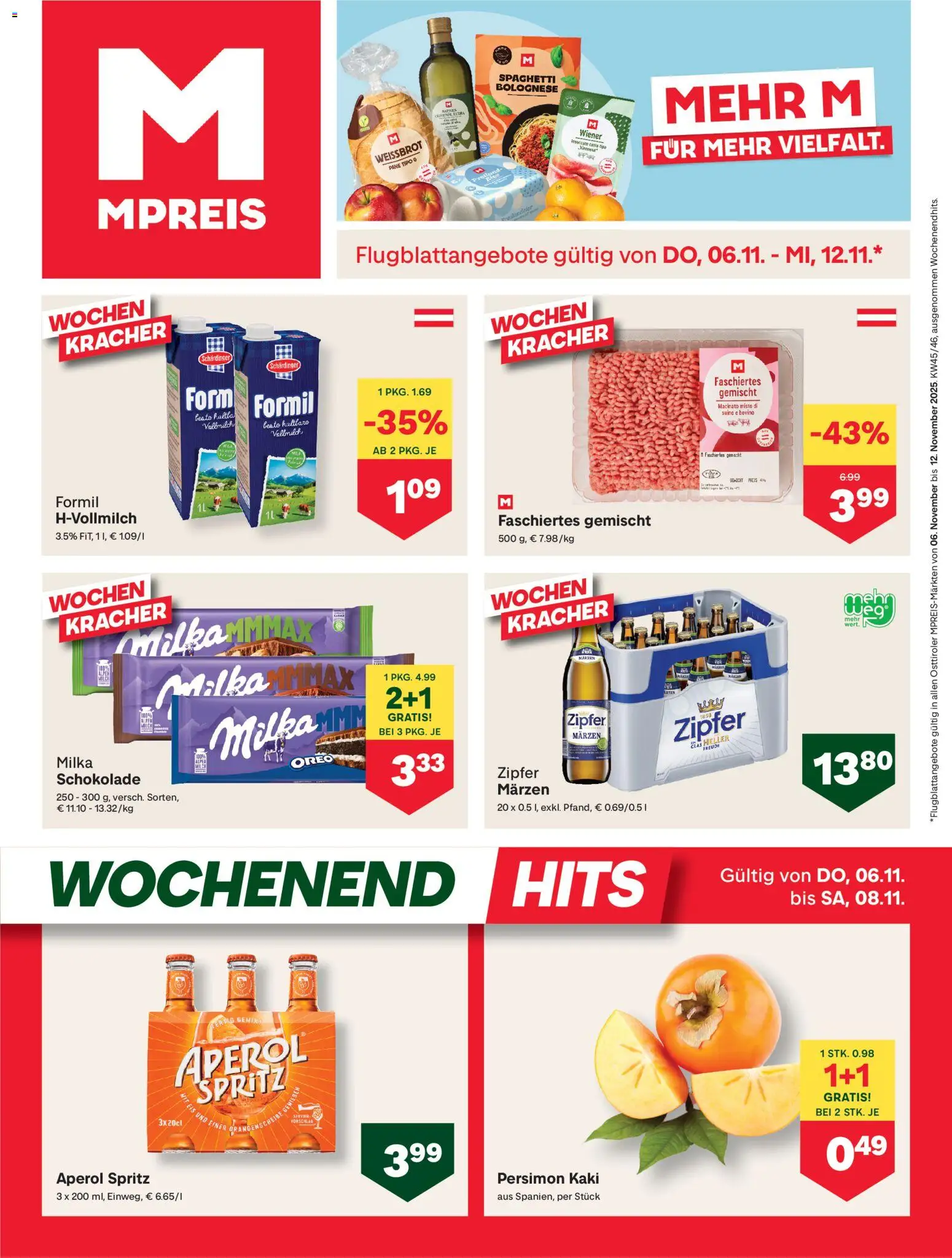 Vorschau der Angebote: MPREIS Anras gültig ab 06.11.2025 - Eis, Schokolade, Aperol, Spaghetti, Kaki, Vollmilch