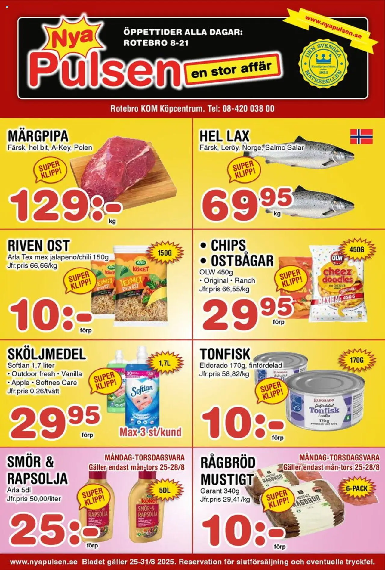 Aktuella reklamblad Nya Pulsen är giltig 25/08 2025 > Veckans Erbjudanden gäller från 25/08/2025 till 31/08/2025 sidnummer 1 - Chips, Ost, Tonfisk, Äpple, Ostbågar, Sköljmedel, Galler, Rapsolja