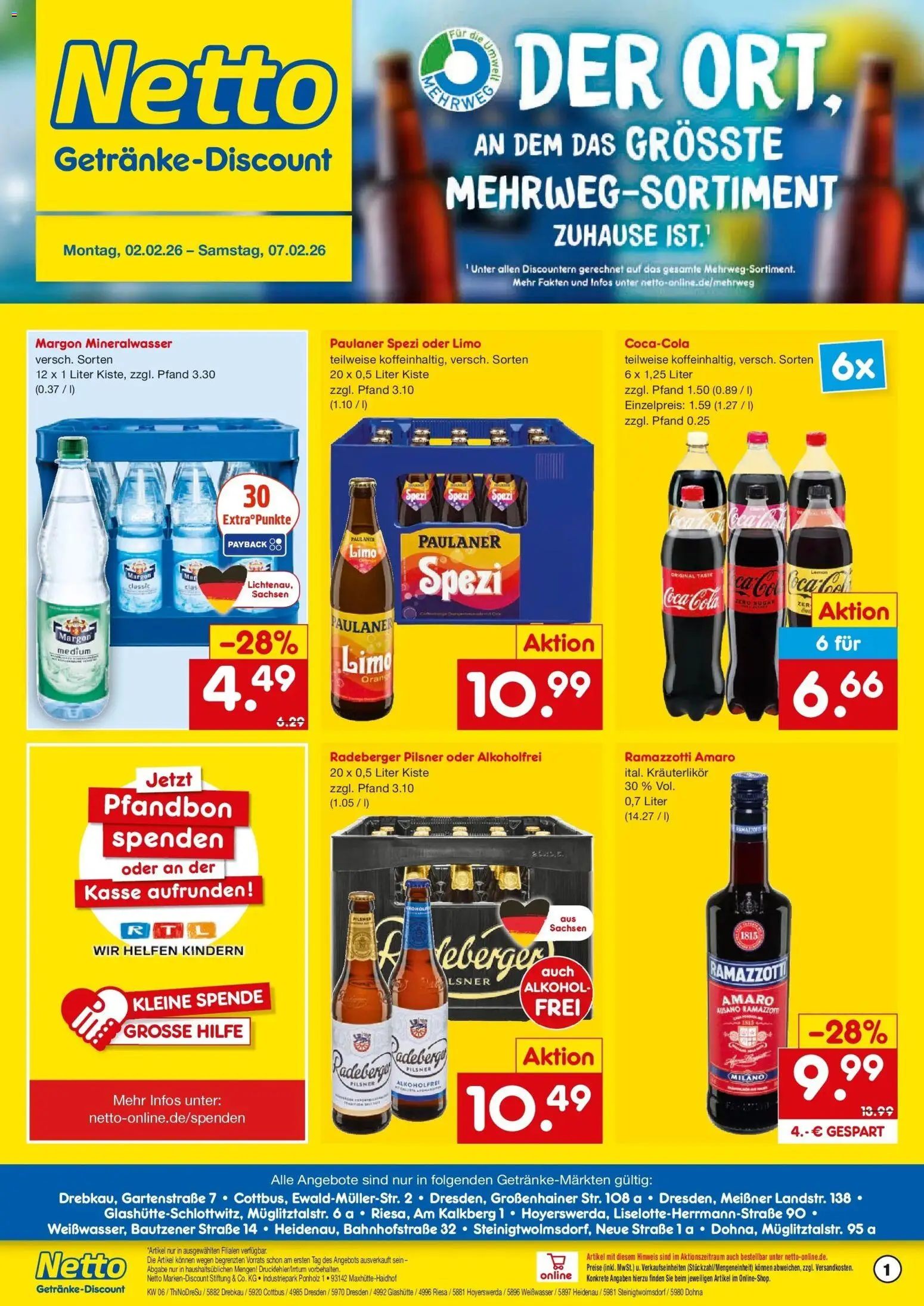 Vorschau von dem Prospekt des Geschäftes Netto Marken-Discount, gültig ab dem 02.02.2026 - Coca cola, Cola, Mineralwasser, Alkohol, Ramazzotti, Paulaner spezi, Paulaner, Radeberger pilsner