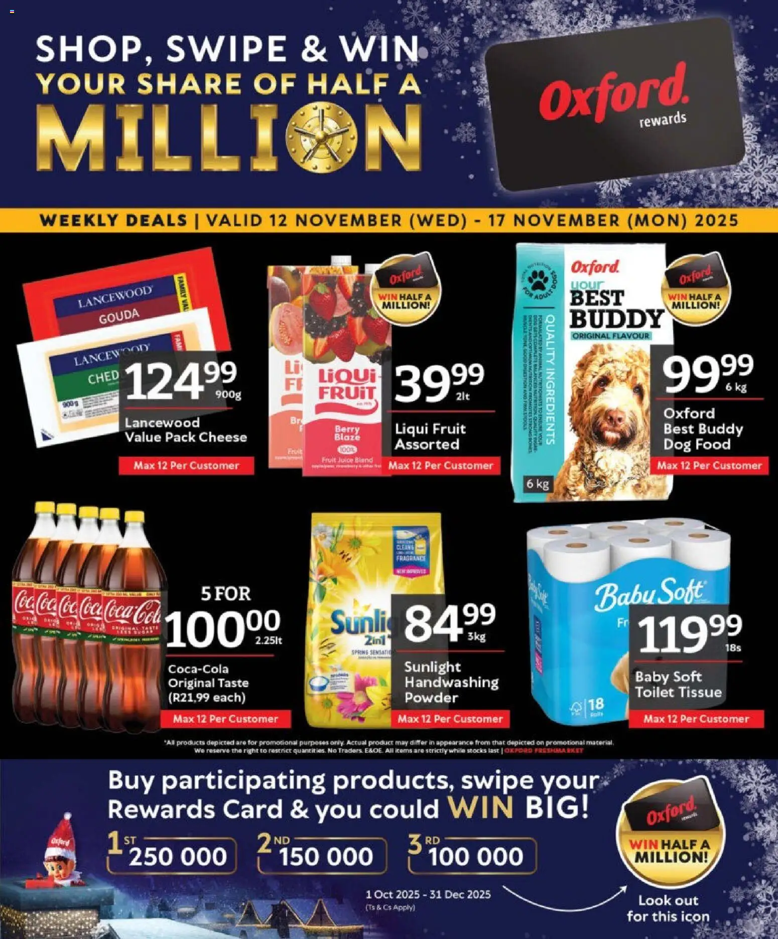 Preview of Oxford Freshmarket flyer valid from 12/11/2025 - Toilet, Fruit, Cheese, Juice, Dog food, Ingredients, Fragrance, Powder
