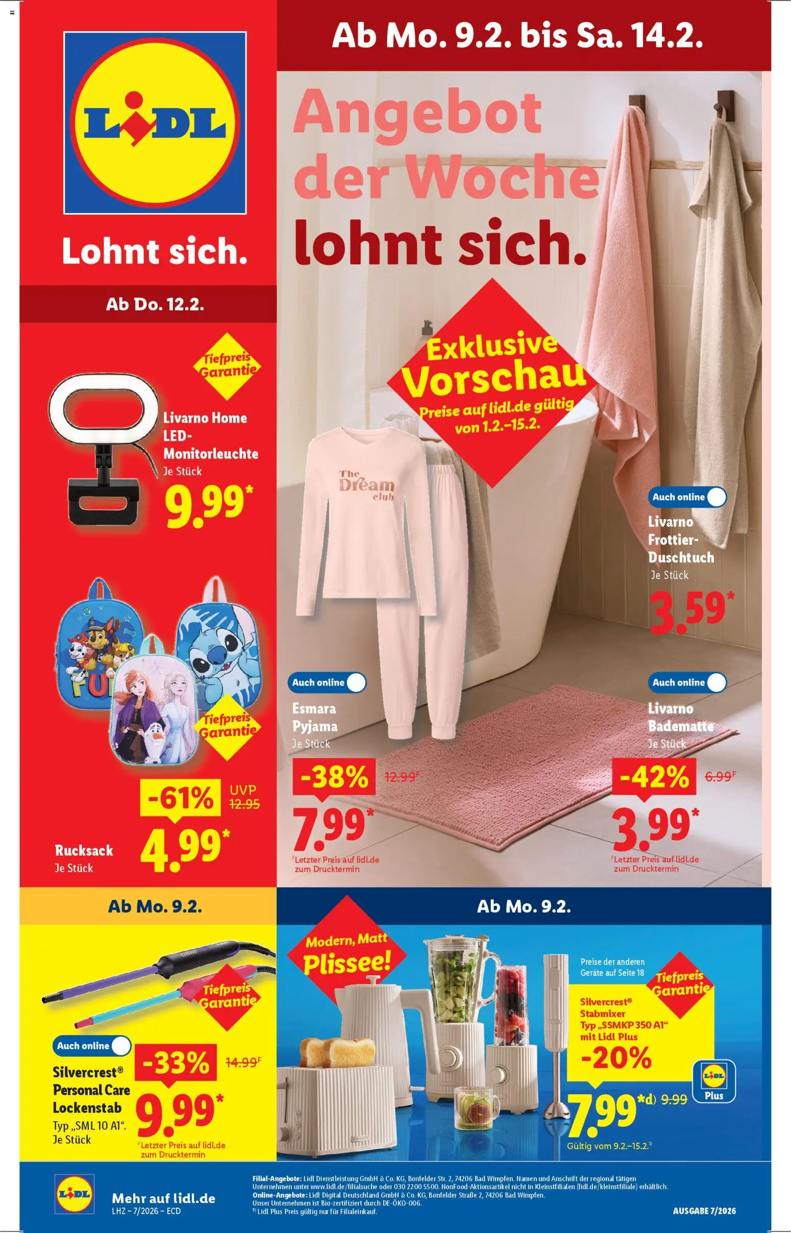 Vorschau von dem Prospekt des Geschäftes Lidl, gültig ab dem 09.02.2026 - Rucksack, Bad, Lockenstab, Pyjama, Stabmixer