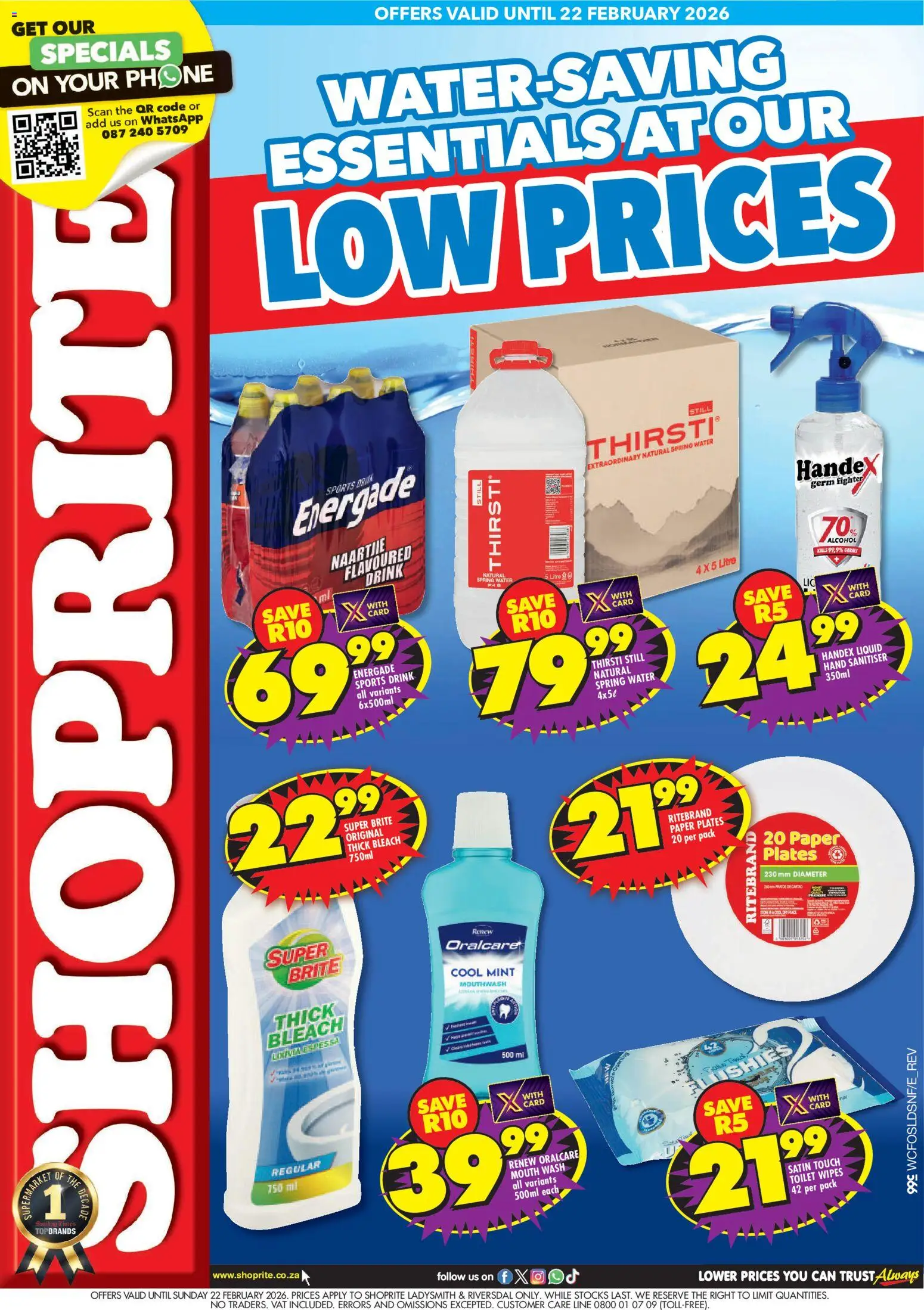 Preview of Shoprite flyer valid from 05/01/2026 - Water, Phone, Toilet, Bleach, Paper, Mouthwash, Paper plates, Sports drink