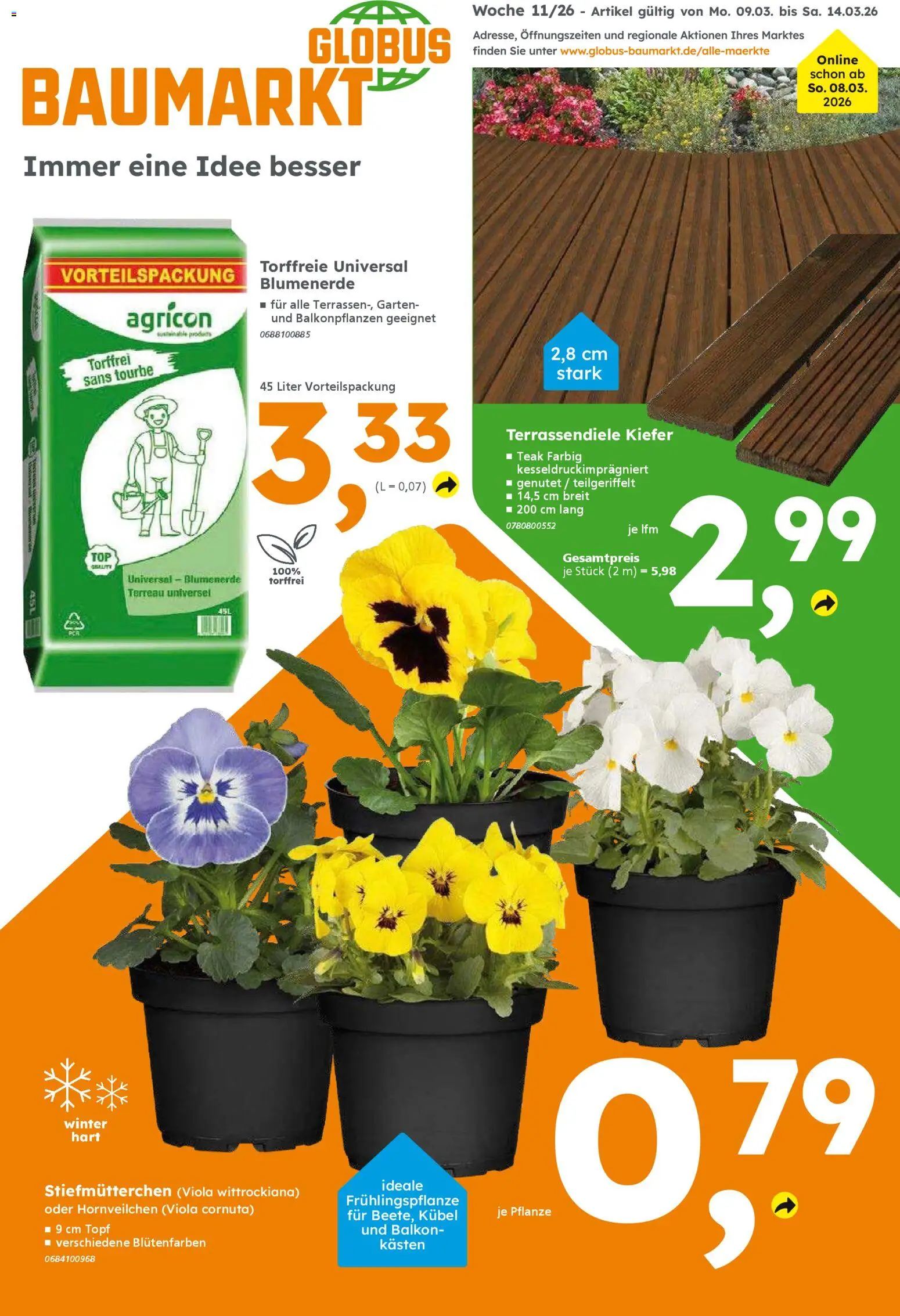 Vorschau von dem Prospekt des Geschäftes Globus Baumarkt, gültig ab dem 09.03.2026 - Blumenerde, Stiefmutterchen