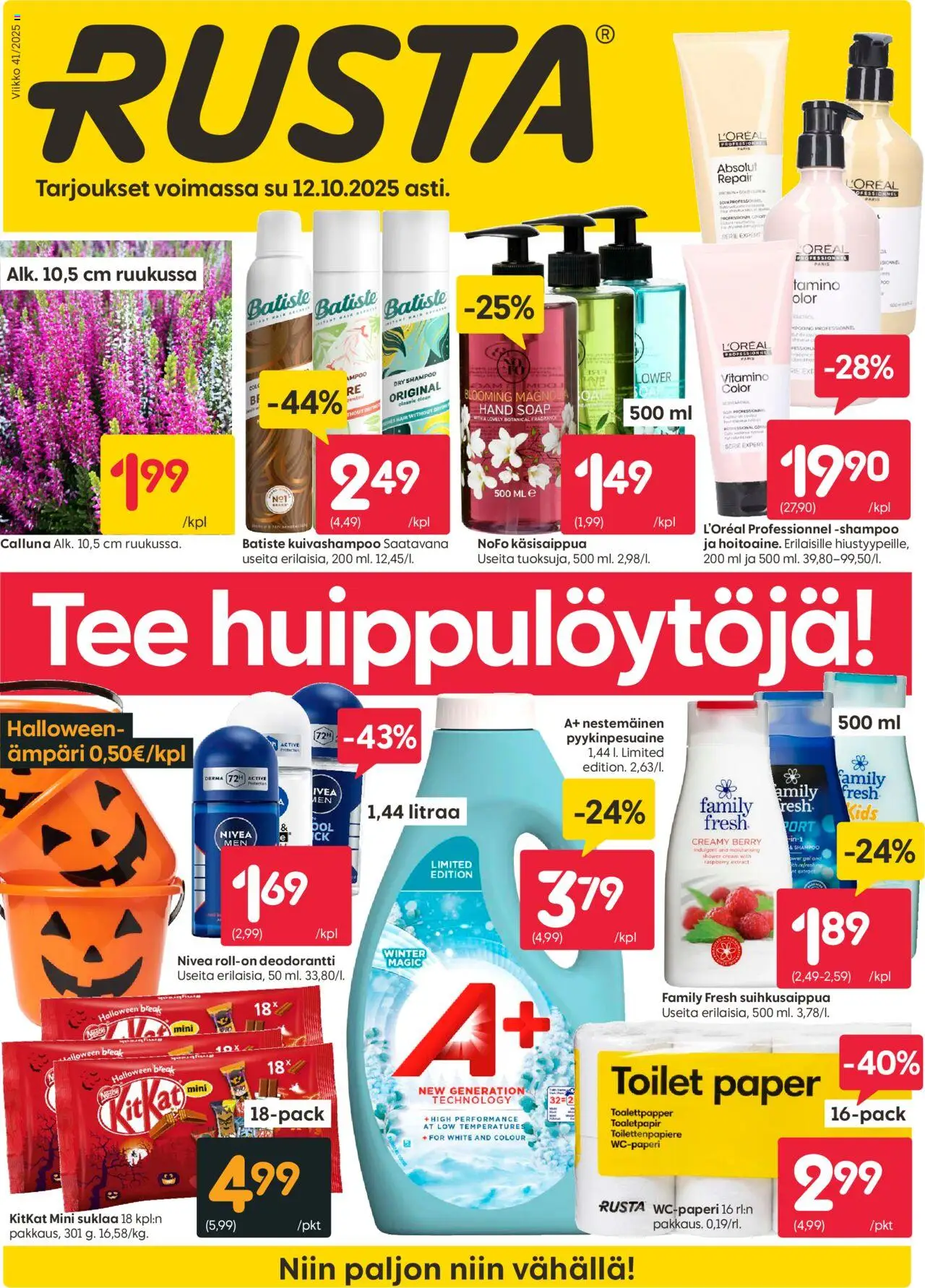 Rusta-kaupan Tarjoukset voimassa 06/10/2025 - Sivulla 1 - Suklaa, Tee, Shampoo, Ämpäri, Deodorantti, Kuivashampoo, Käsisaippua