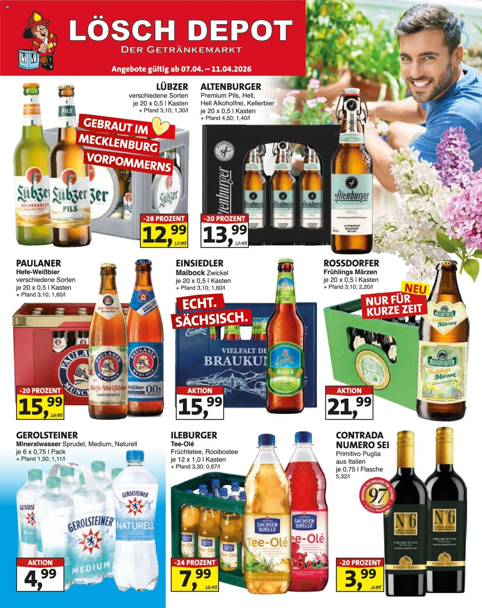 Vorschau von dem Prospekt des Geschäftes Lösch Depot, gültig ab dem 07.04.2026 - Burger, Mineralwasser, Gerolsteiner, Paulaner, Weißbier, Pils, Lubzer