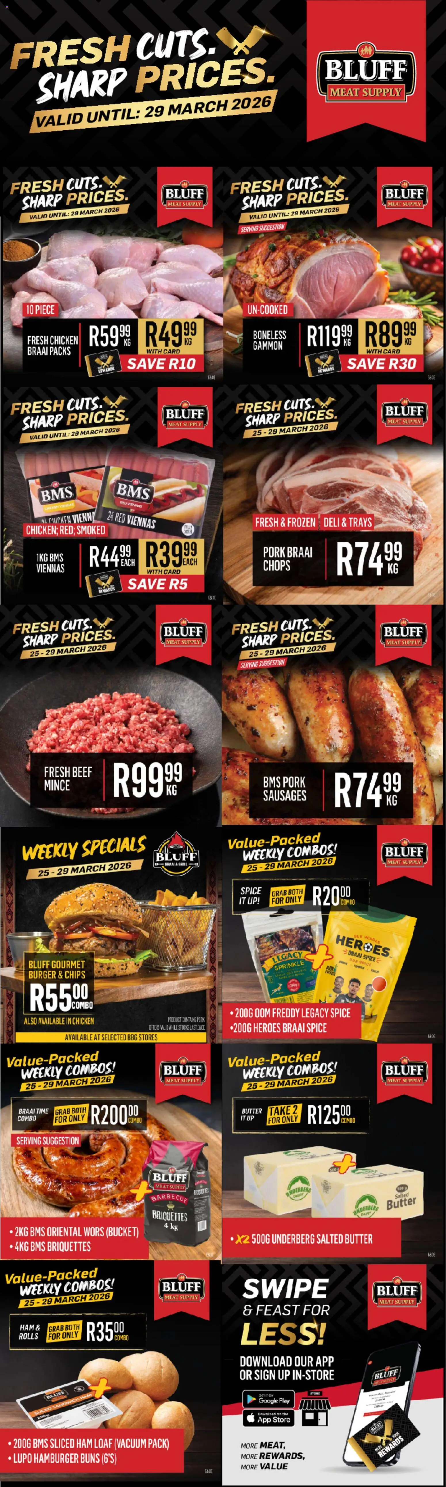 Preview of Bluff Meat Supply flyer valid from 25/03/2026 - Butter, Chips, Grill, Ham, Pork, Beef, Buns, Fryer