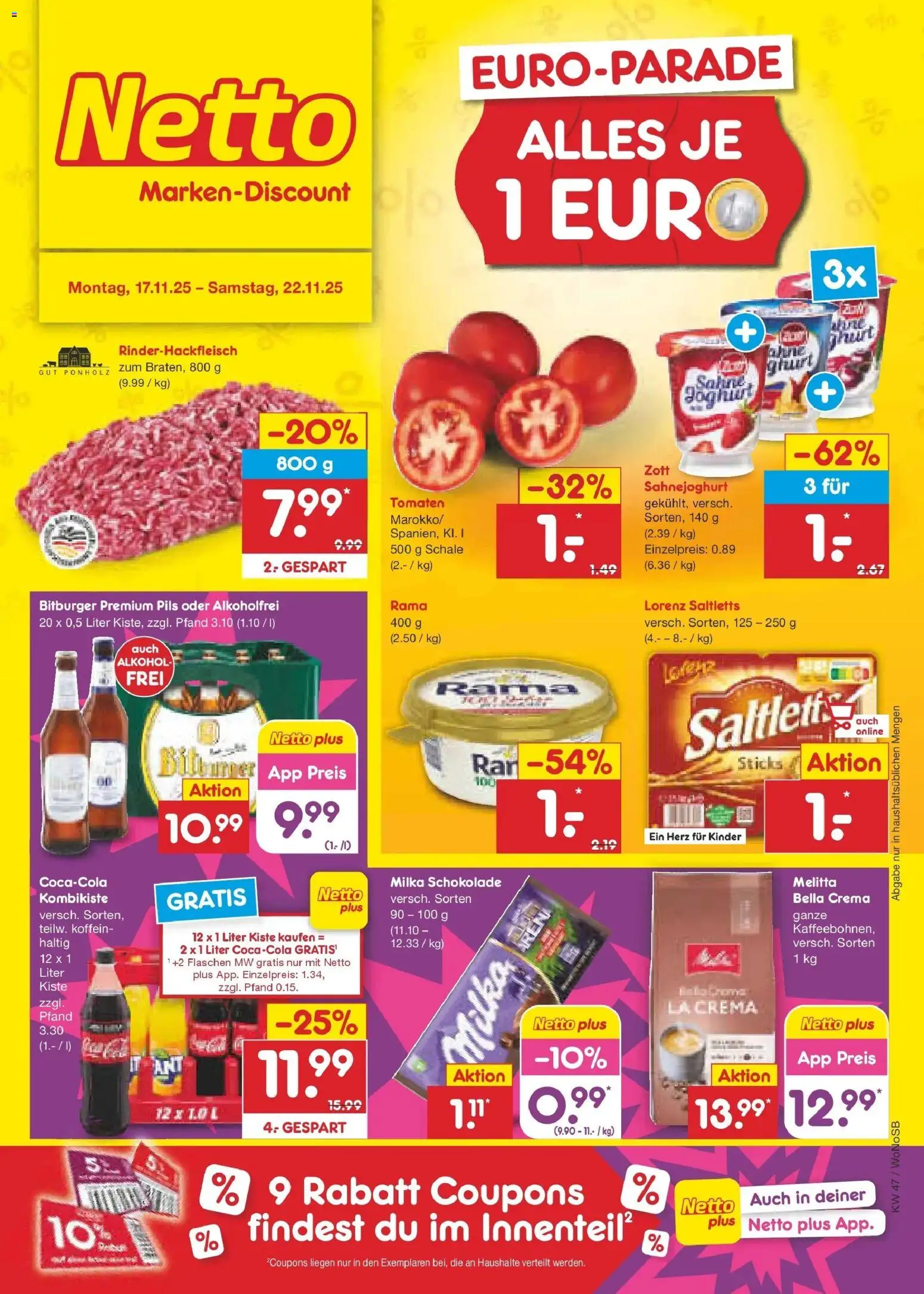 Vorschau von dem Prospekt des Geschäftes Netto Marken-Discount, gültig ab dem 17.11.2025 - Coca cola, Milka, Sahne, Tomaten, Bitburger, Melitta, Rama, Pils
