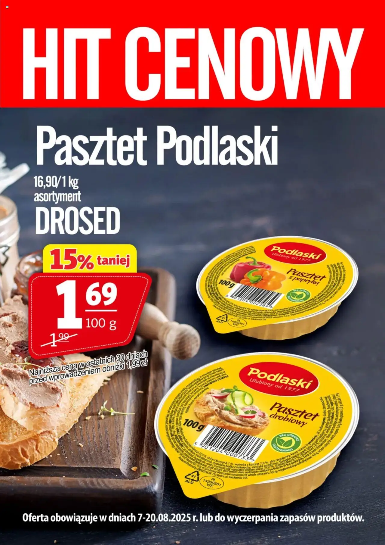 Prim Market Promocja - Pasztet Podlaski od 07.08.2025 - Nowa Gazetka - Numer strony 1 - Pasztet, Olej, Papryka, Kasza, Skrobia ziemniaczana, Skrobia