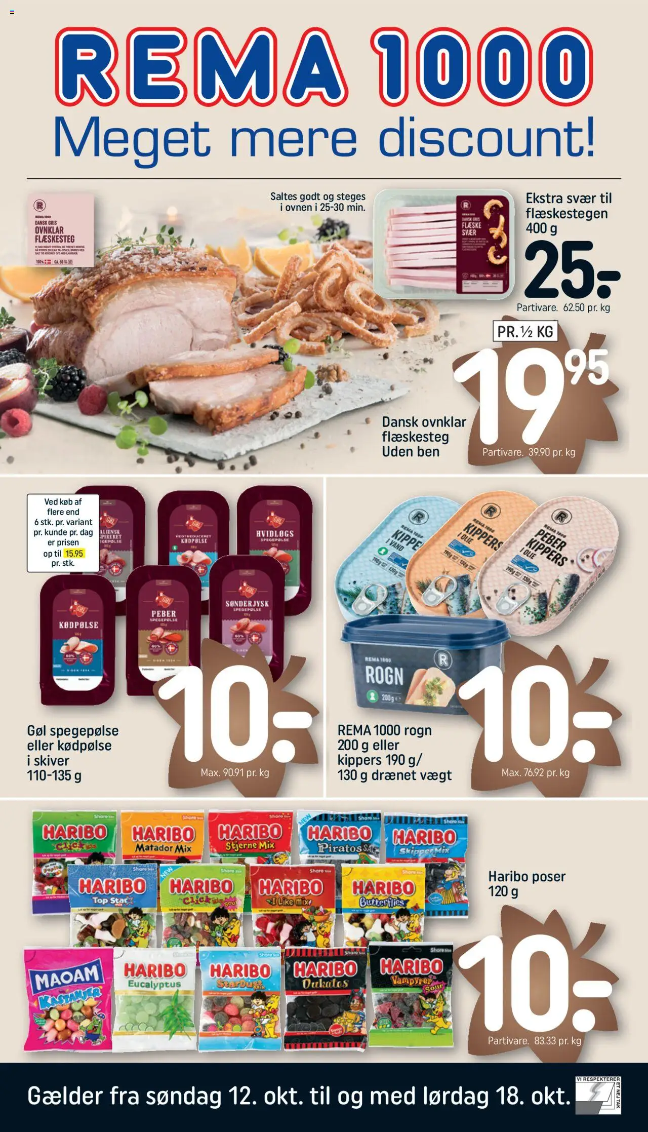Eksempel på tilbudsavis Tilbudsavis fra butik Rema 1000 gyldig fra 12/10/2025 - Flæskesteg, Salt, Olie, Kippers, Spegepølse, Peber