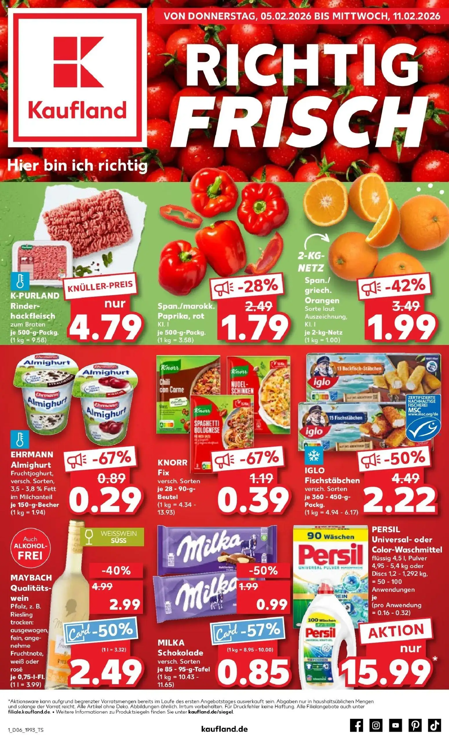 Vorschau von dem Prospekt des Geschäftes Kaufland, gültig ab dem 05.02.2026 - Schokolade, Alkohol, Milka schokolade, Milka, Schinken, Persil, Iglo, Fischstabchen