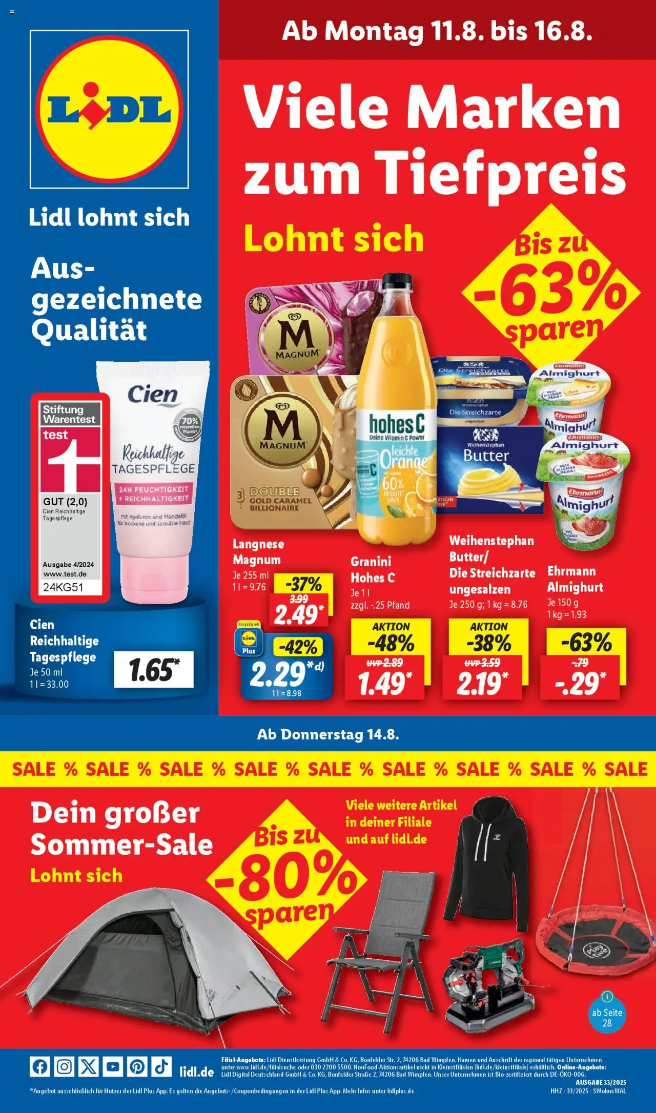 LIDL Prospekt ab Montag 11.08.2025 > Prospekt Gundelsheim - Butter, Bad, Langnese, Saft, Granini, Hohes c, Weihenstephan butter, Ehrmann almighurt
