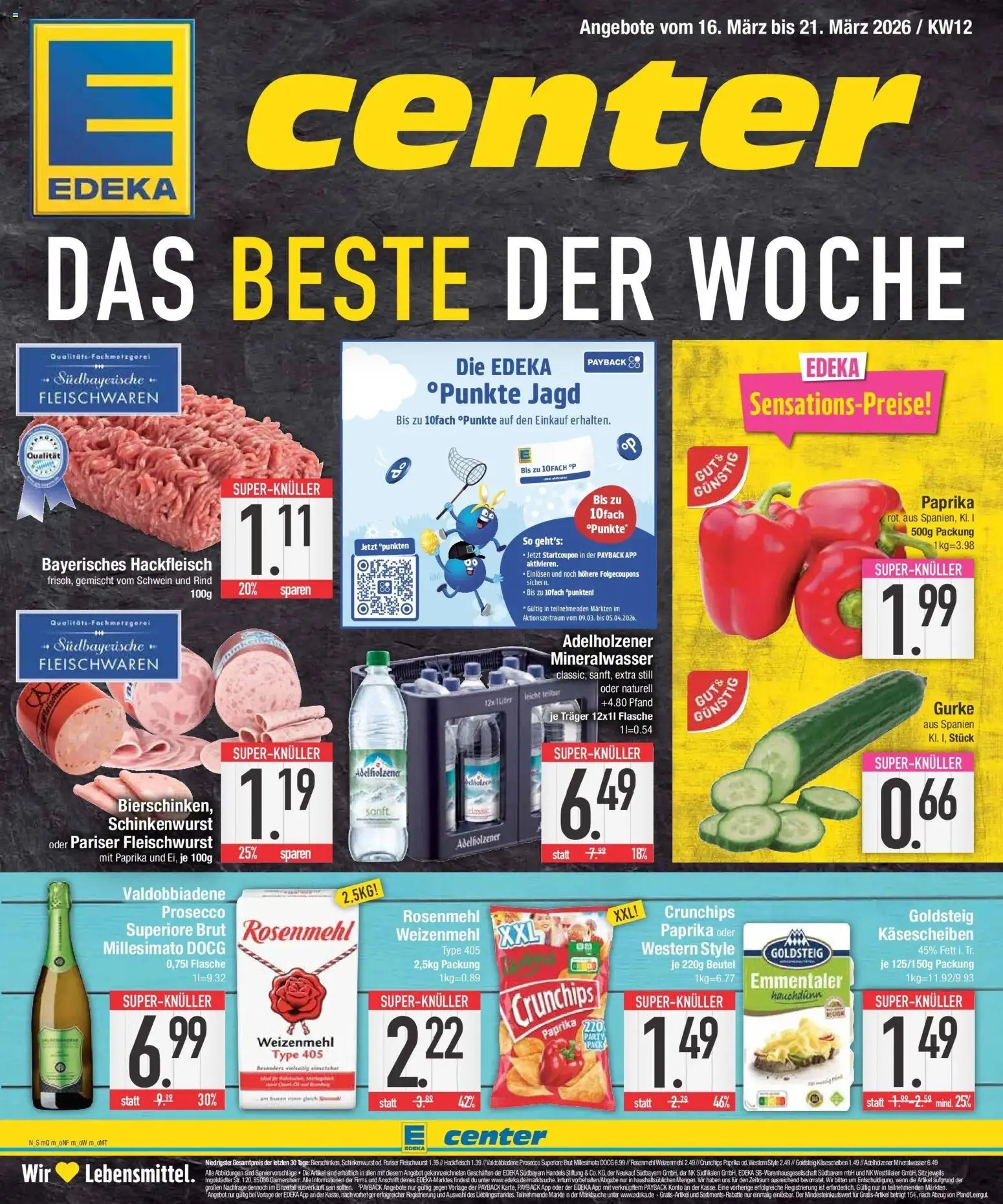 Vorschau von dem Prospekt des Geschäftes E center, gültig ab dem 16.03.2026 - Mineralwasser, Hackfleisch, Prosecco, Paprika, Adelholzener, Weizenmehl