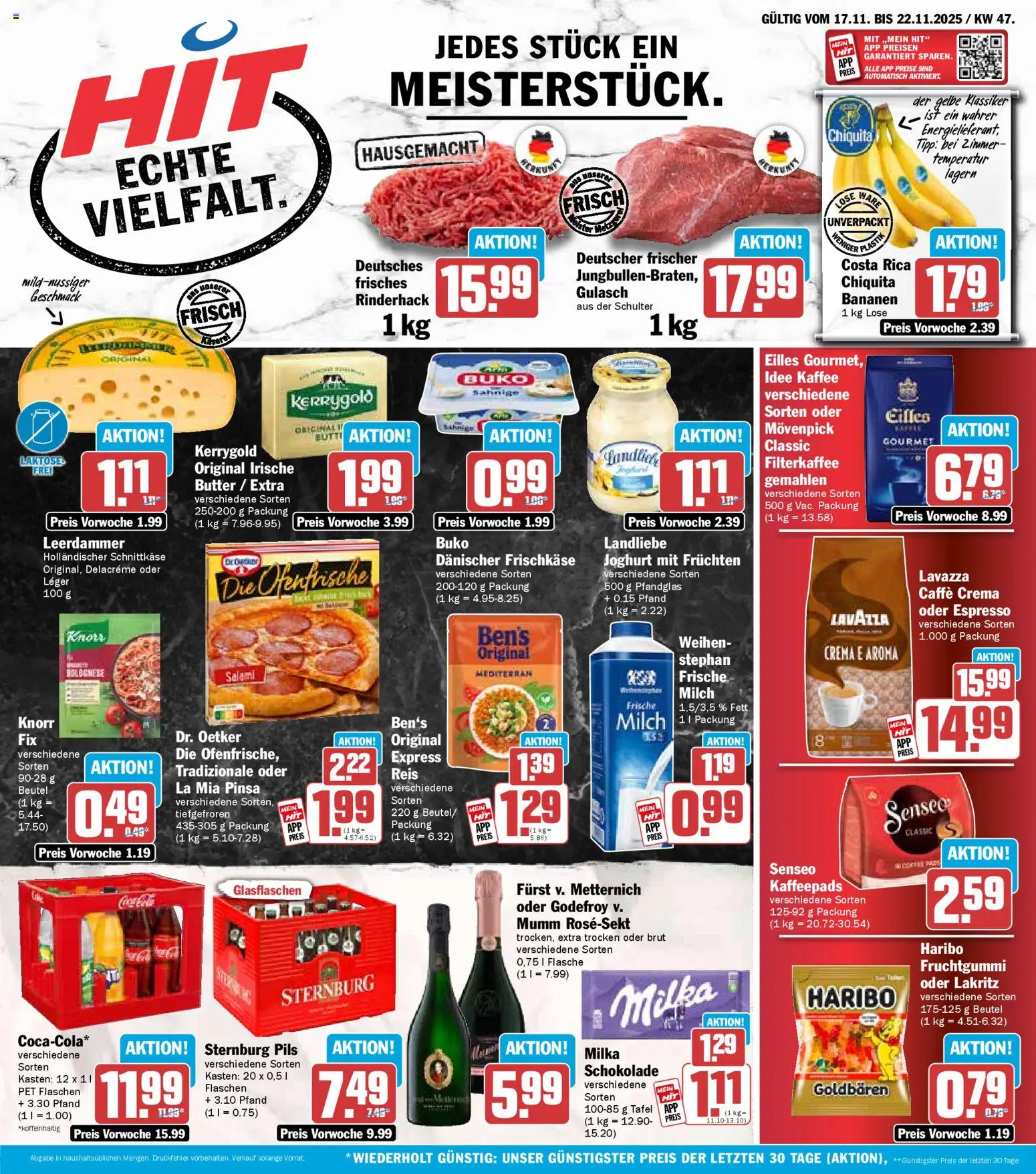 Vorschau von dem Prospekt des Geschäftes HIT, gültig ab dem 17.11.2025 - Schokolade, Joghurt, Bananen, Lavazza, Salami, Idee kaffee, Ofenfrische, Frischkase
