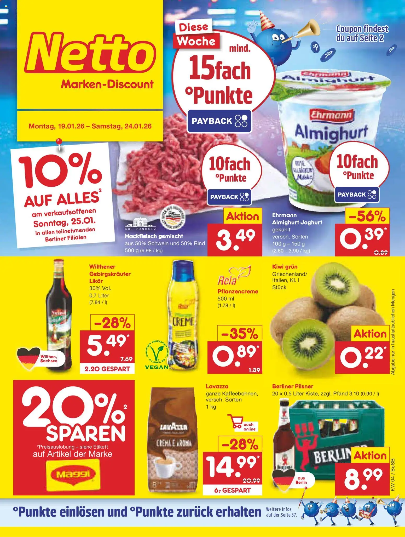 Vorschau von dem Prospekt des Geschäftes Netto Marken-Discount, gültig ab dem 19.01.2026 - Kiwi, Joghurt, Maggi, Hackfleisch, Berliner, Likör, Berliner pilsner, Wilthener