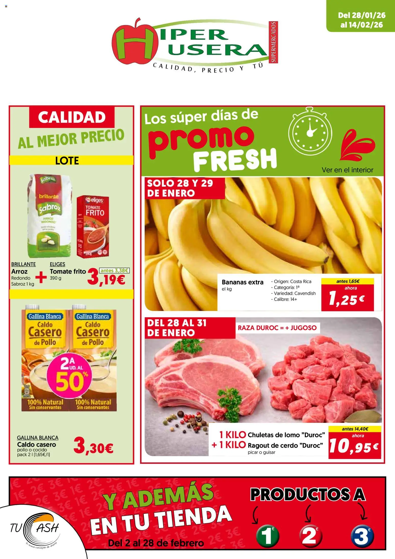 Vista previa del folleto de la tienda Hiper Usera válido desde el 28/01/2026 - Arroz, Tomate, Cerdo, Bananas, Lomo, Pollo