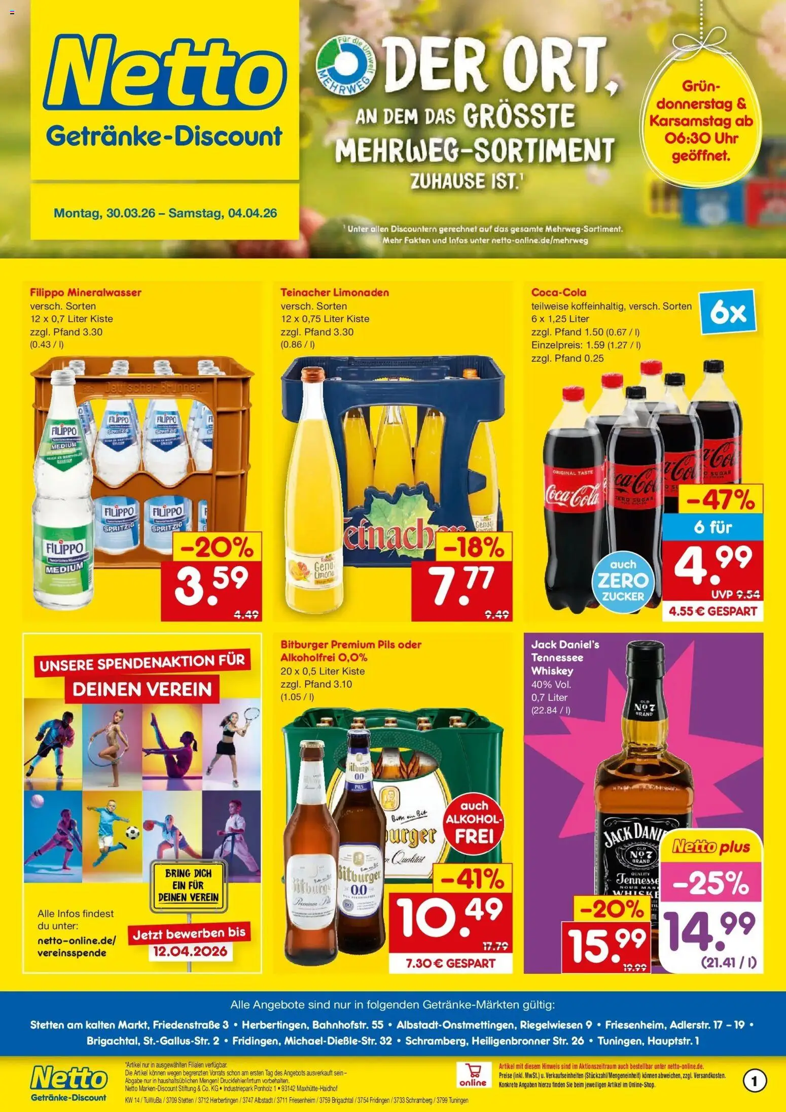 Vorschau von dem Prospekt des Geschäftes Netto Marken-Discount, gültig ab dem 30.03.2026 - Burger, Uhr, Coca cola, Cola, Mineralwasser, Alkohol, Pils, Jack Daniel's