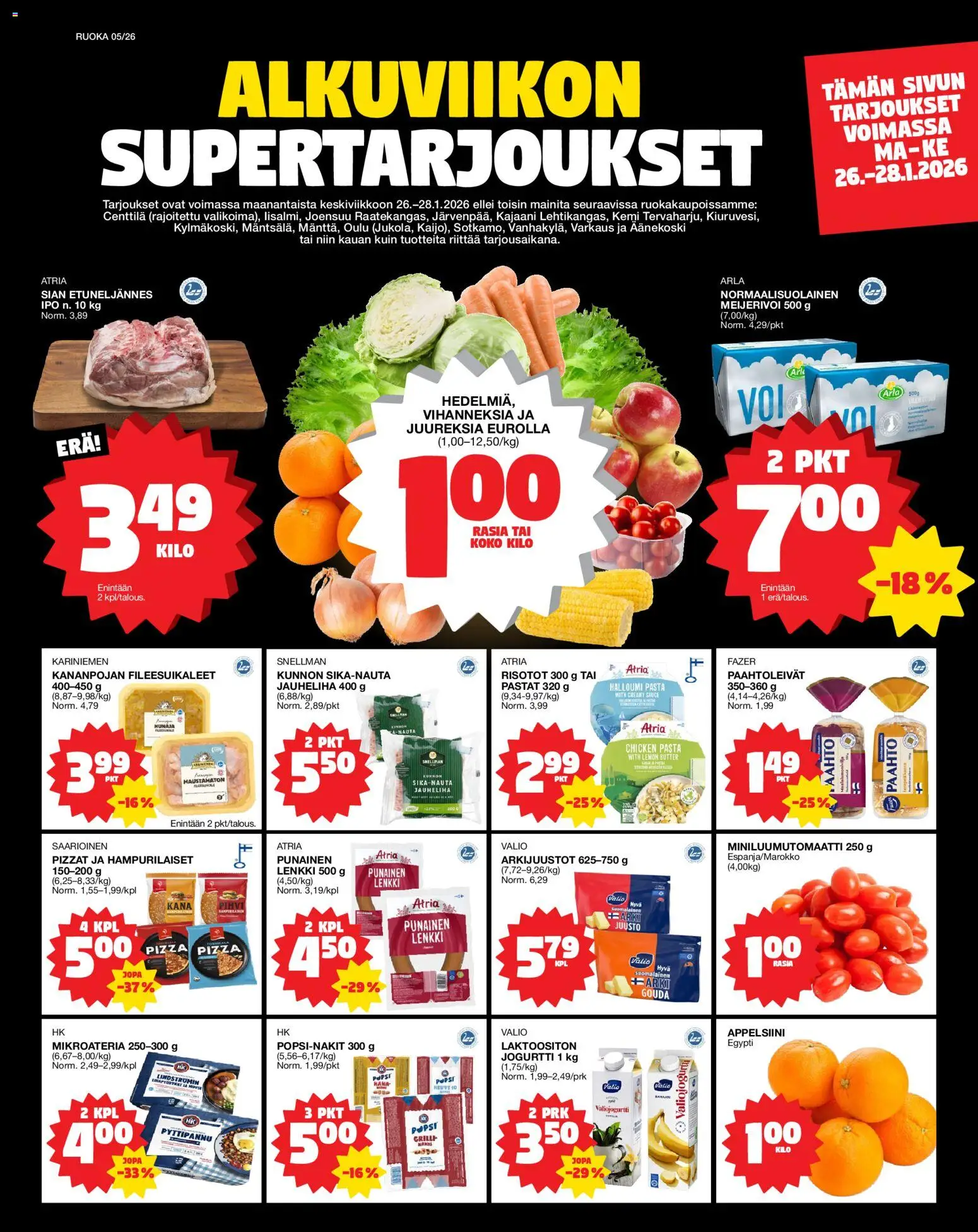 Kaupan Tokmanni Ruokatarjoukset esikatselu, voimassa 26/01/2026 - Pizza, Pasta, Jauheliha, Halloumi, Juusto, Hunaja, Pihvi, Jogurtti