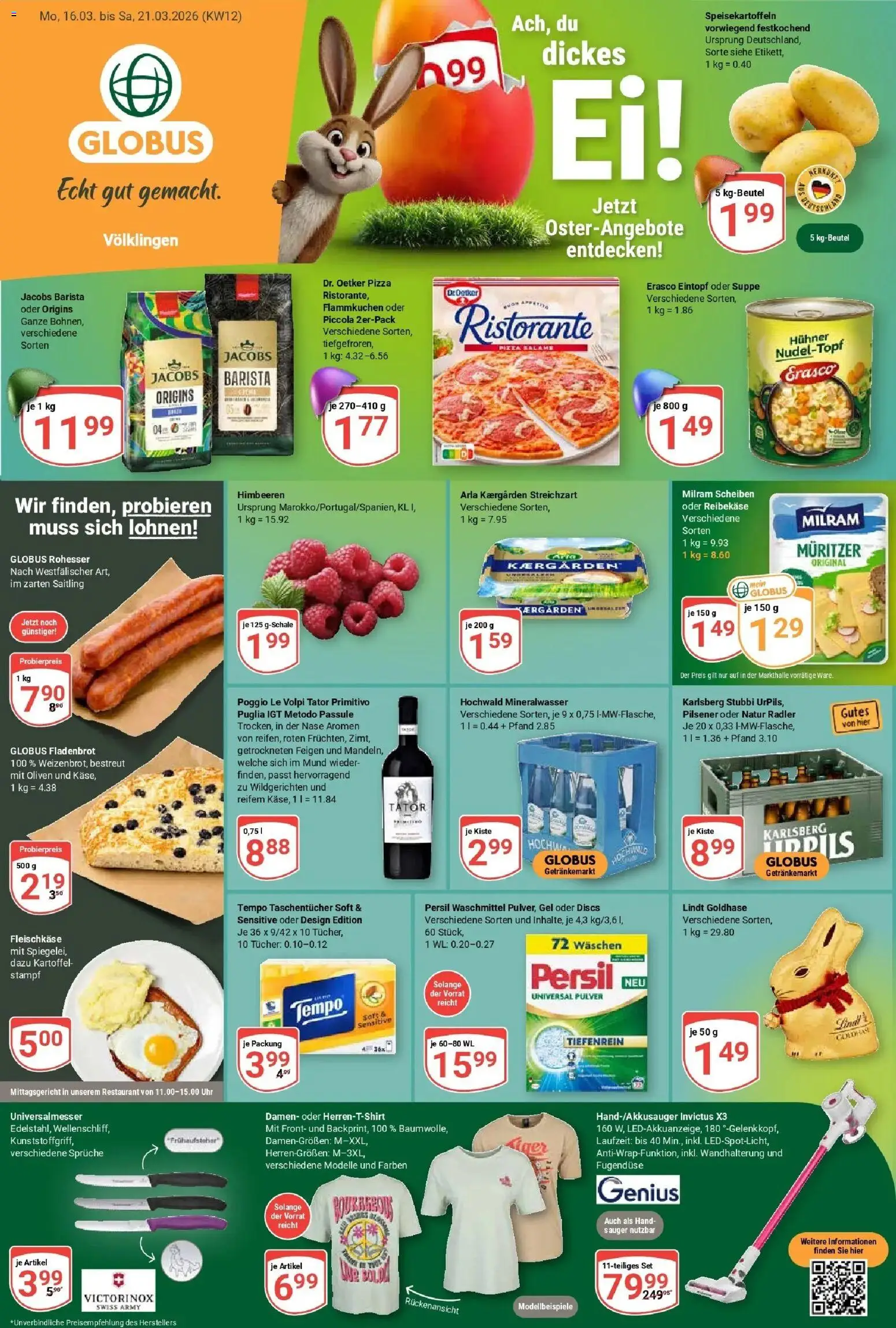Vorschau von dem Prospekt des Geschäftes Globus, gültig ab dem 15.03.2026 - Uhr, Lindt, Himbeeren, Mineralwasser, Feigen, Waschmittel, Taschentücher, Milram