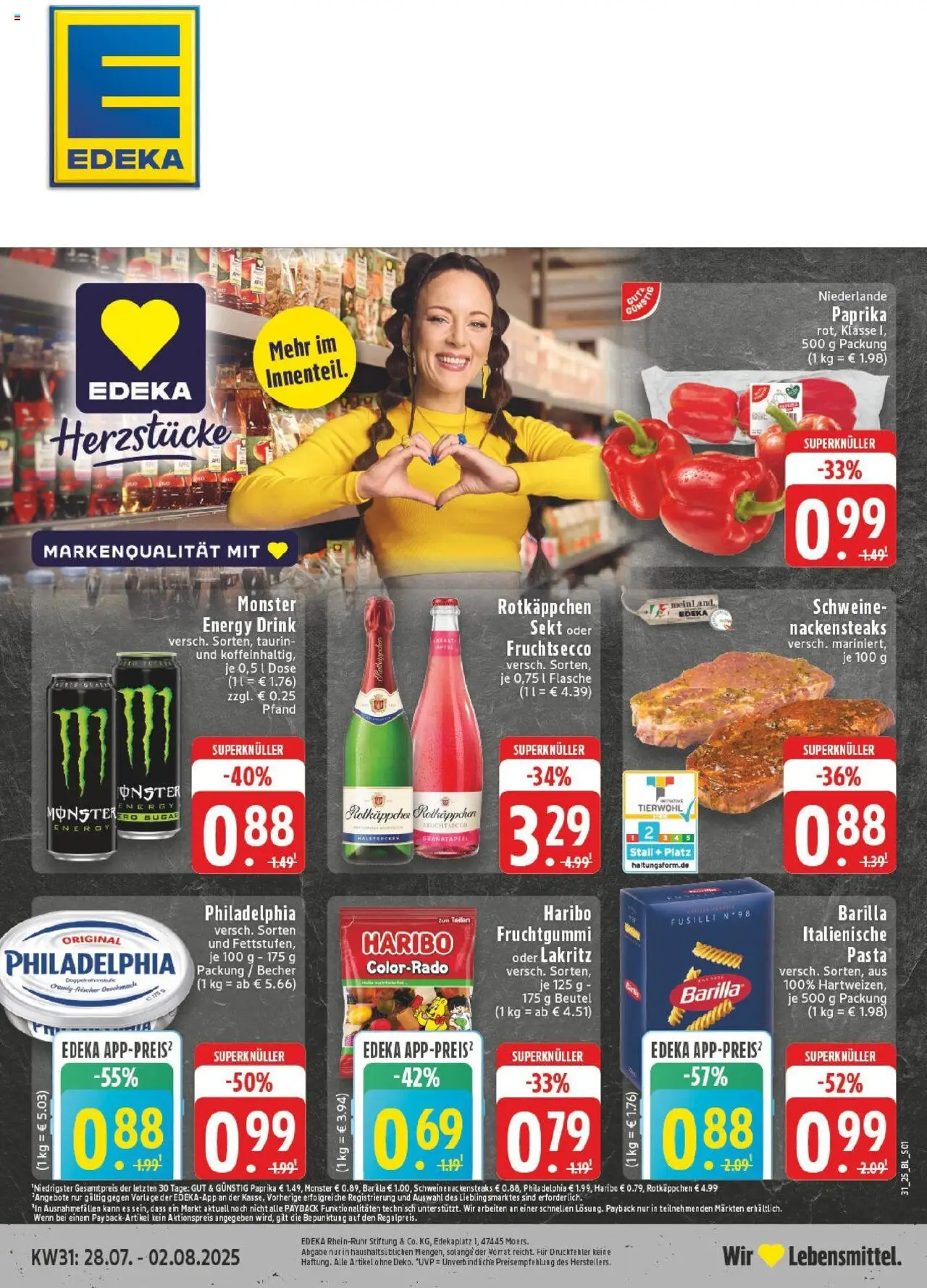 EDEKA Prospekt ab 27.07.2025 - Prospekt Bonn Online - Pasta, Haribo, Äpfel, Granatapfel, Philadelphia, Rotkäppchen, Energy, Fruchtsecco