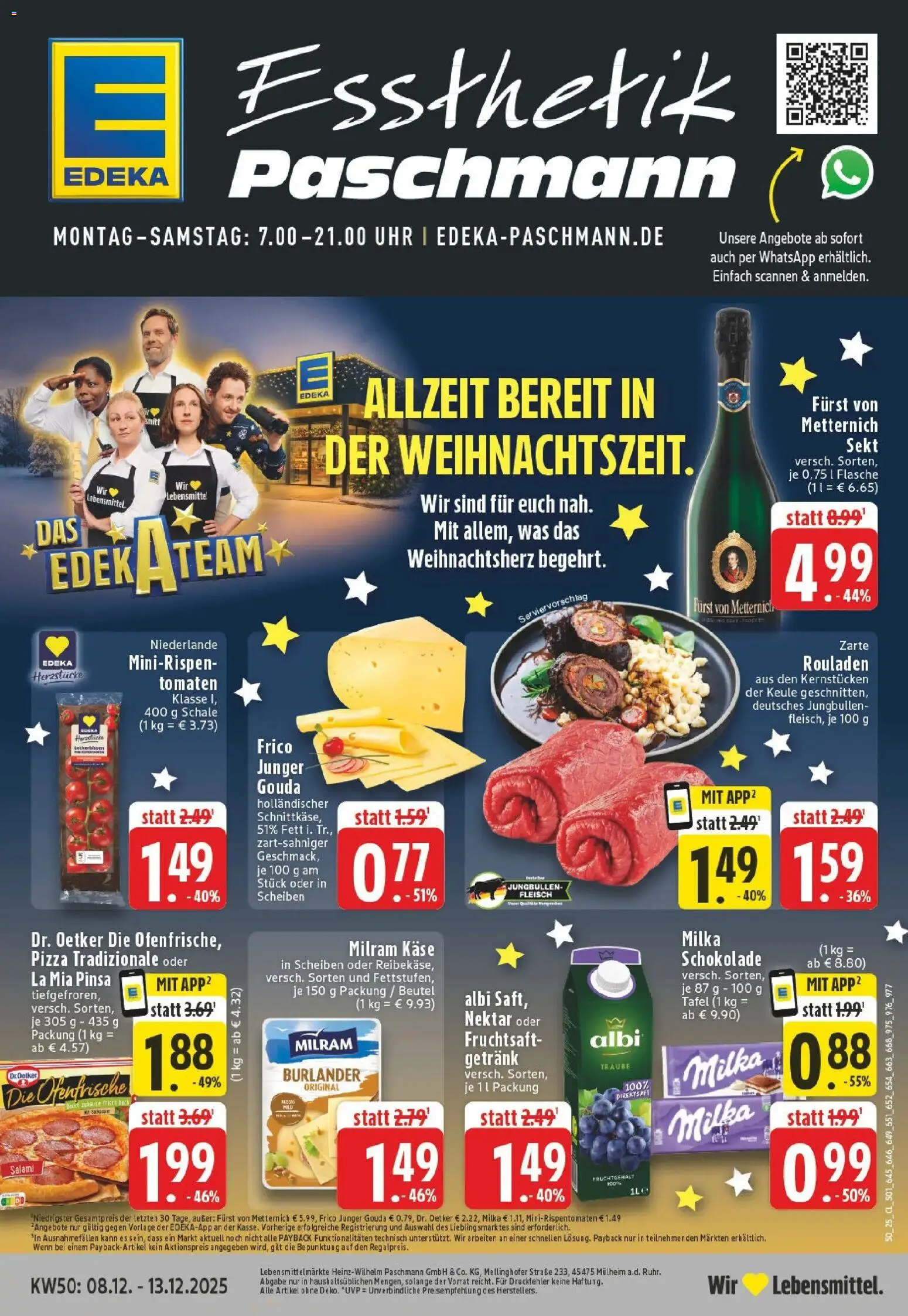 Vorschau von dem Prospekt des Geschäftes Edeka, gültig ab dem 07.12.2025 - Käse, Schokolade, Milka schokolade, Fleisch, Tomaten, Gouda, Ofenfrische, Fruchtsaft