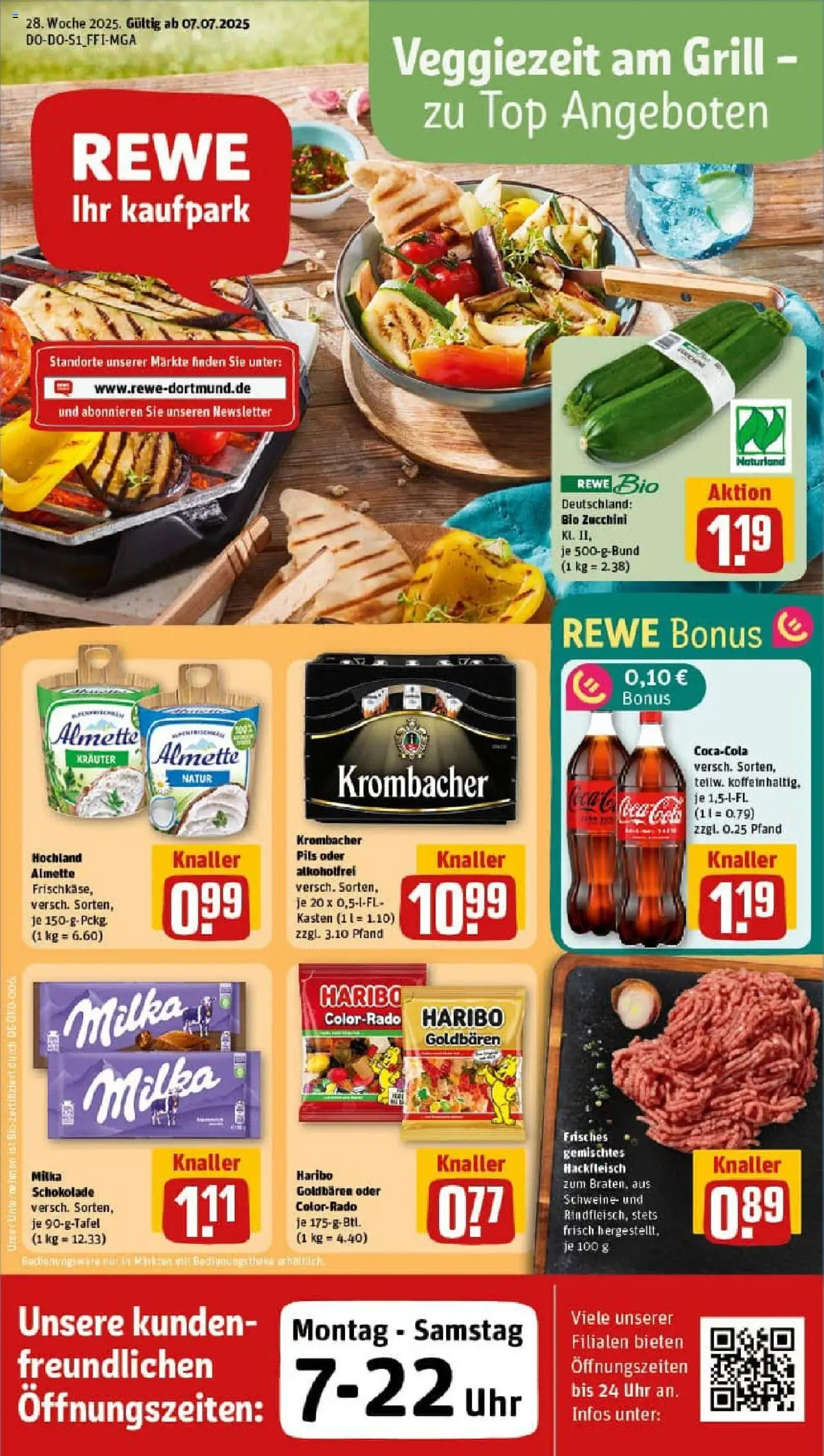 REWE Prospekt ab 06.07.2025 nächste Woche - Prospekt Winterberg - Schokolade, Haribo, Zucchini, Cola, Krombacher, Hackfleisch, Pils, Almette