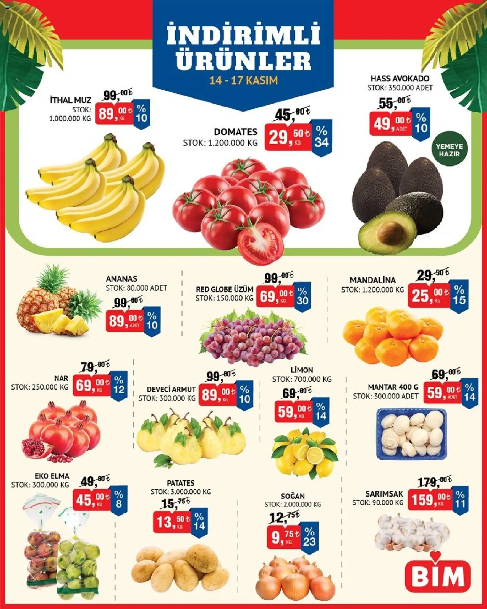 BİM Meyve Sebze 14.11.2025 - Broşürünün önizlemesi - Armut, Patates, Limon, Mantar, Elma, Üzüm, Sarımsak, Soğan