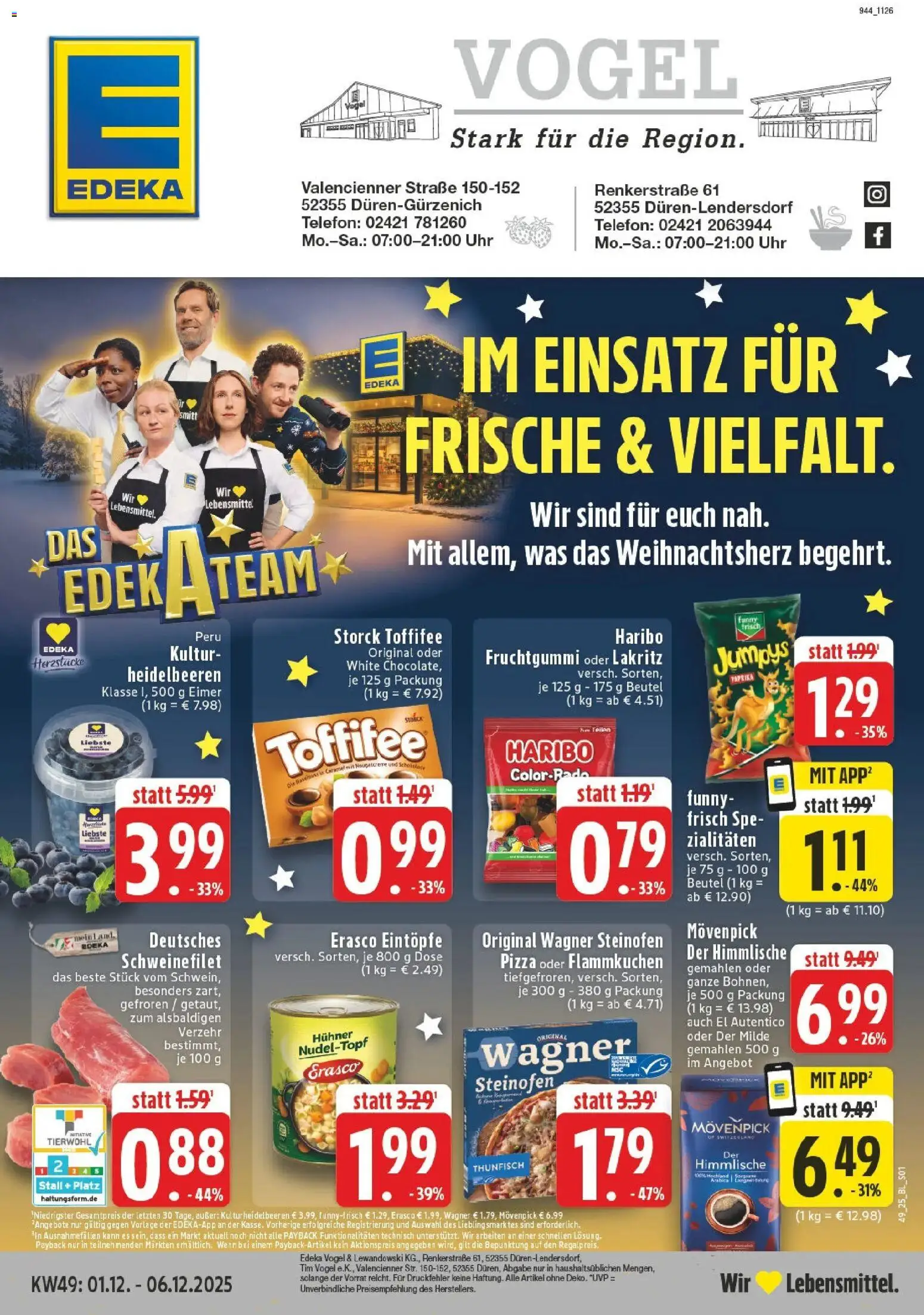 Vorschau von dem Prospekt des Geschäftes Edeka, gültig ab dem 01.12.2025 - Pizza, Chips, Uhr, Telefon, Heidelbeeren, Toffifee, Schweinefilet, Erasco