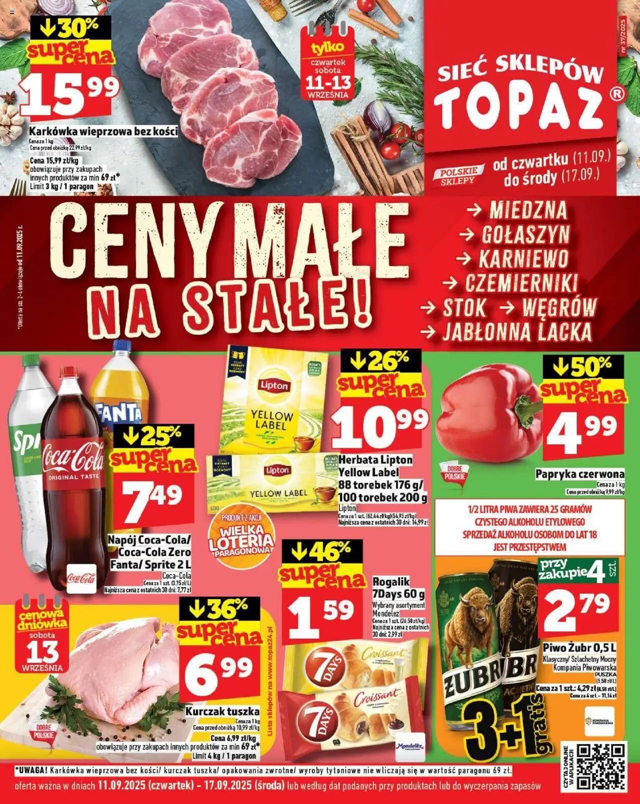 Topaz Ceny małe na stałe od 11.09.2025 - Nowa Gazetka - Numer strony 1 - Croissant, Coca cola, Karkówka, Papryka, Sprite, Herbata lipton, Piwo żubr, Karkówka wieprzowa