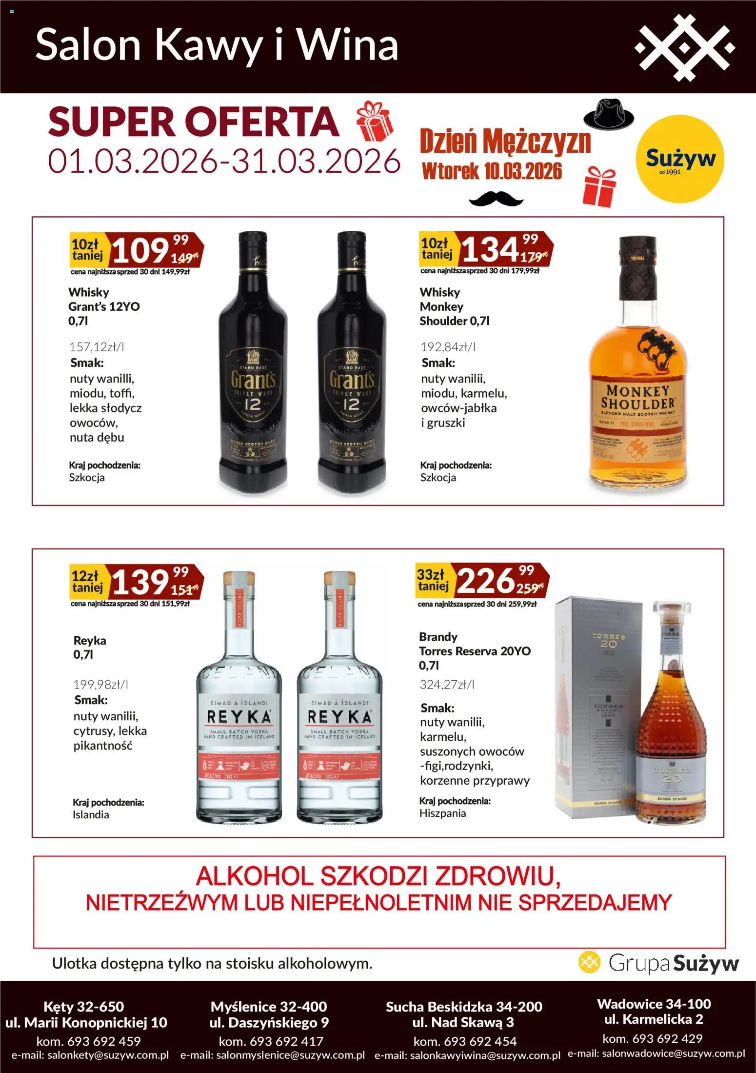 Pogląd gazetki "Sużyw gazetka - Salon kawy i wina" ze sklepu Sużyw ważnej od 01.03.2026 - Alkohol, Whisky, Przyprawy, Gruszki, Brandy, Grant's, Scotch whisky, Słodycz
