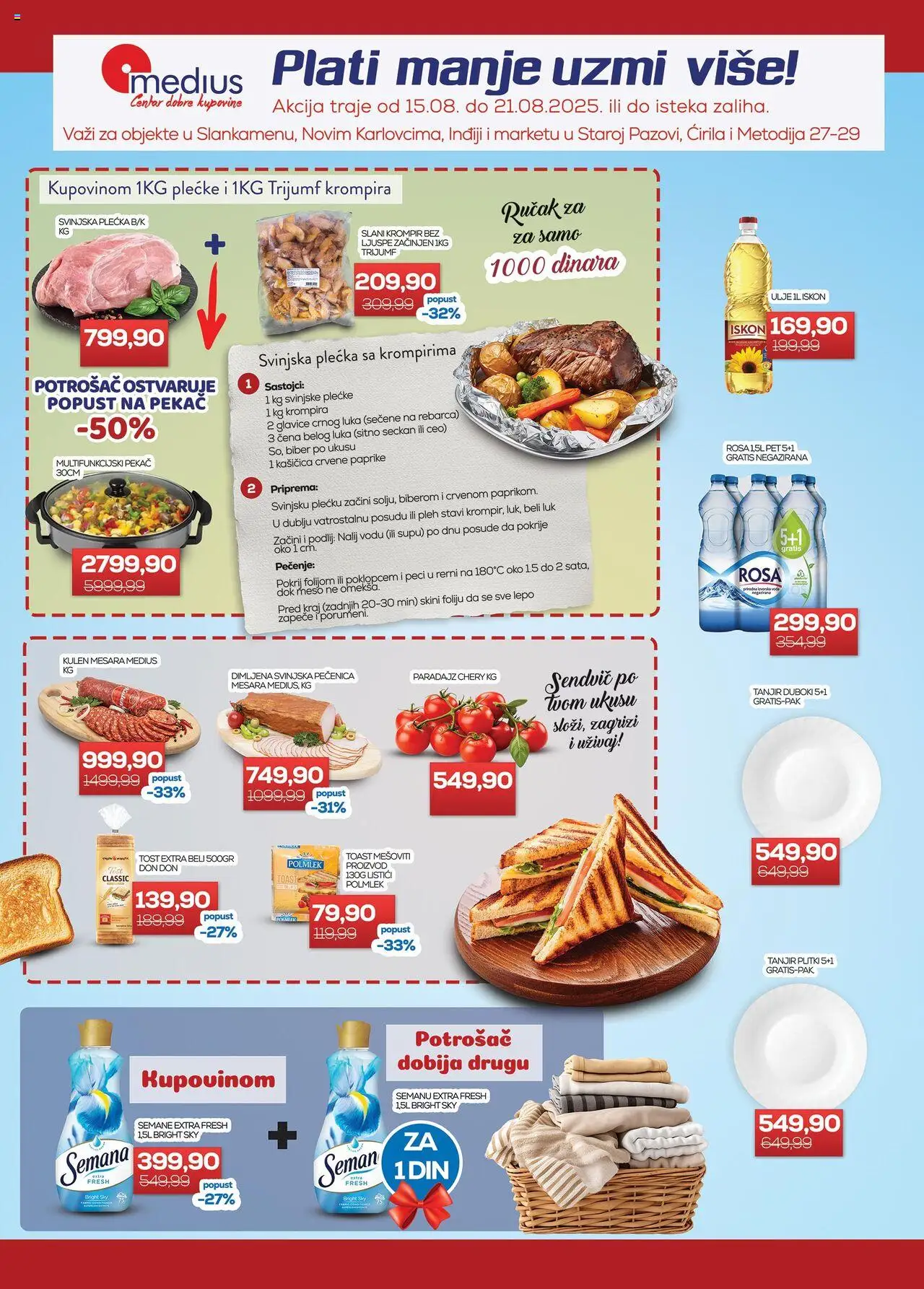 Medius katalog važi od 15.08.2025 - stranica 1 - Paradajz, Beli luk, Krompir, Ulje, Pečenica, Tost, Sastojci, Svinjska plećka