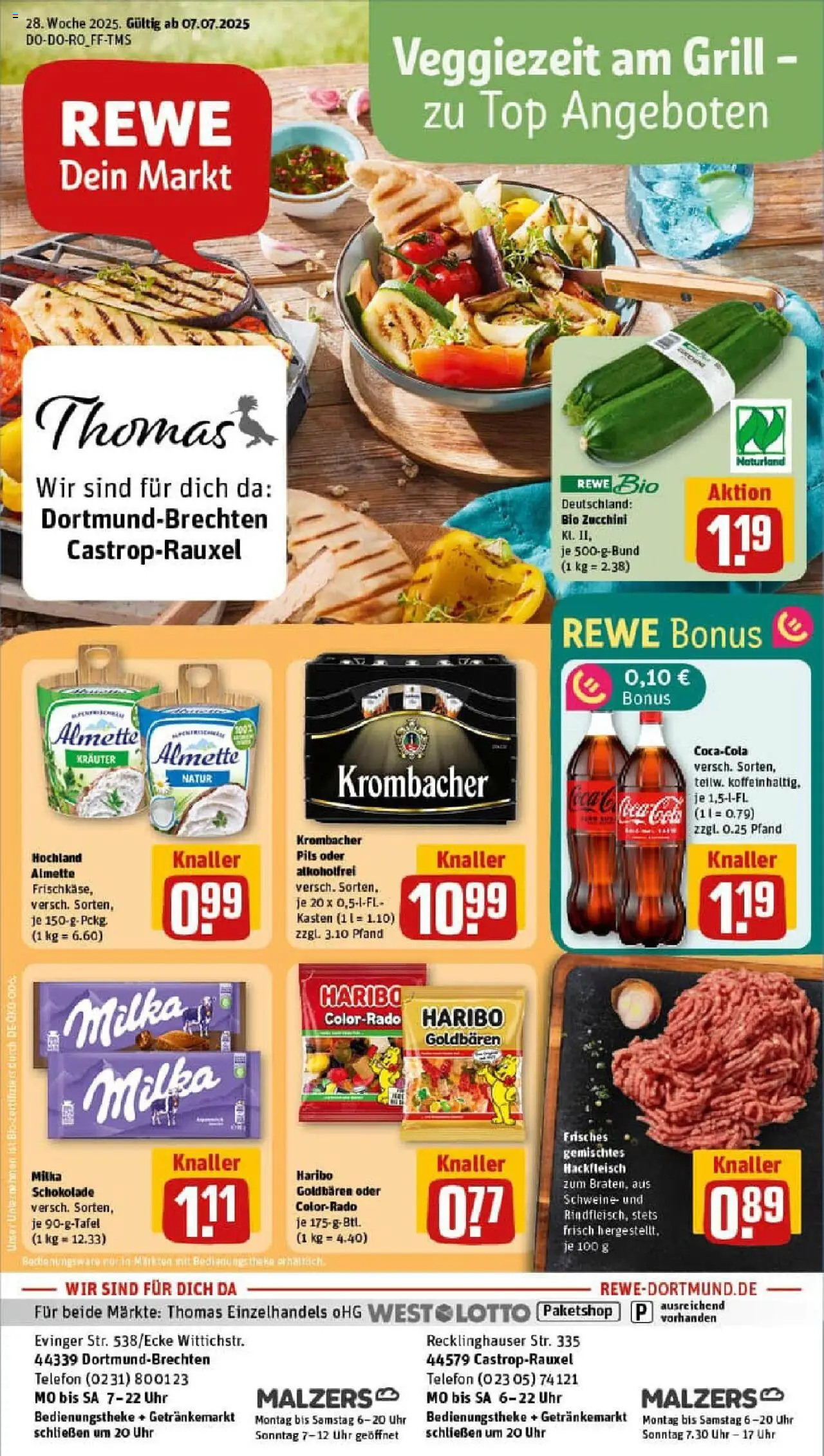 REWE Prospekt ab 06.07.2025 nächste Woche - Prospekt Dortmund / Brechten - Uhr, Telefon, Haribo, Zucchini, Krombacher, Hackfleisch, Theke, Almette