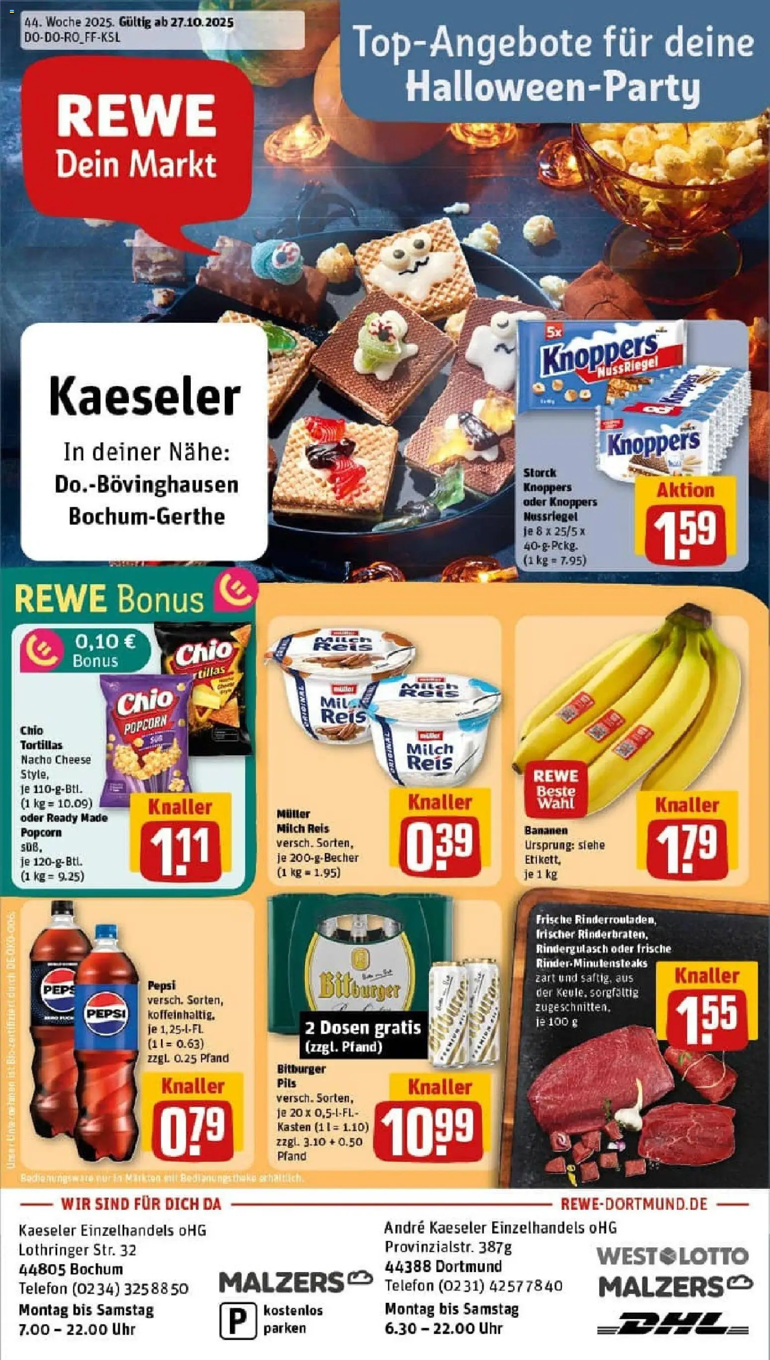 Vorschau von dem Prospekt des Geschäftes Rewe, gültig ab dem 26.10.2025 - Telefon, Tortillas, Bananen, Milch, Popcorn, Rindergulasch, Theke, Pils
