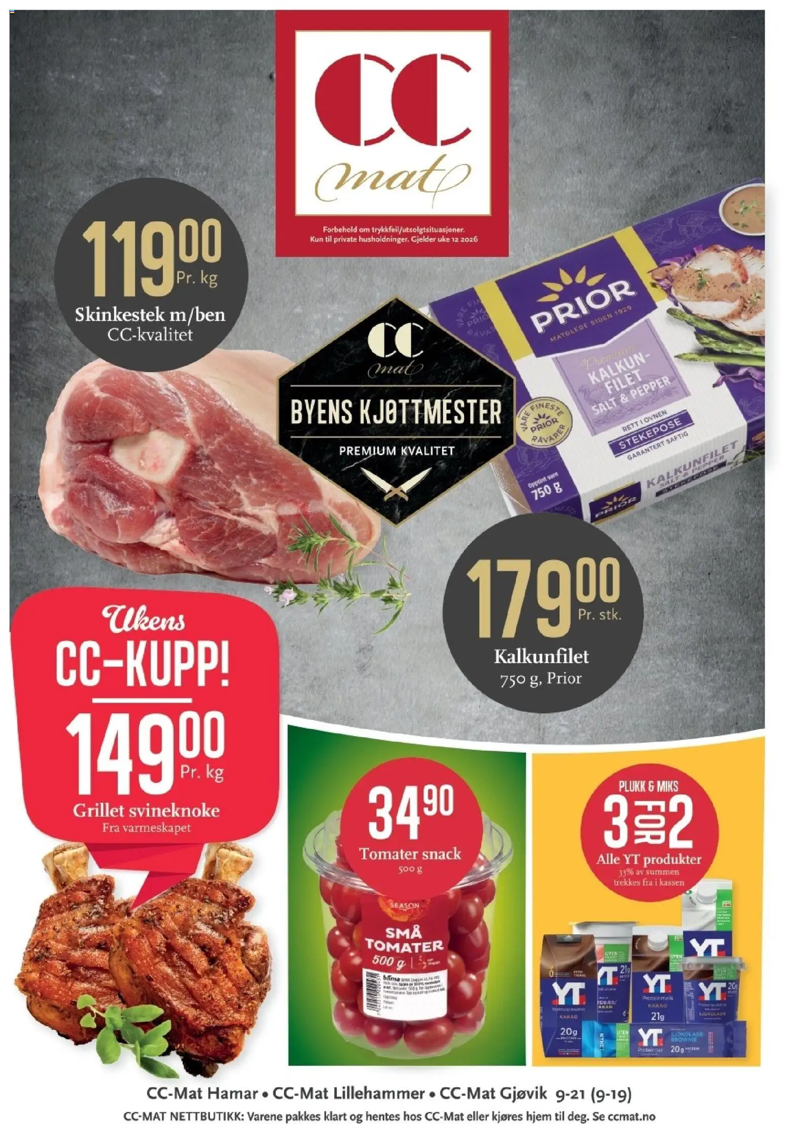 Forhåndsvis CC Mat kundeavis fra butikk CC Mat gyldig fra 16/03/2026 - Tomater, Svineknoke, Brownie, Kalkunfilet, Skinkestek, Kalkun, Kakao, Proteinbar