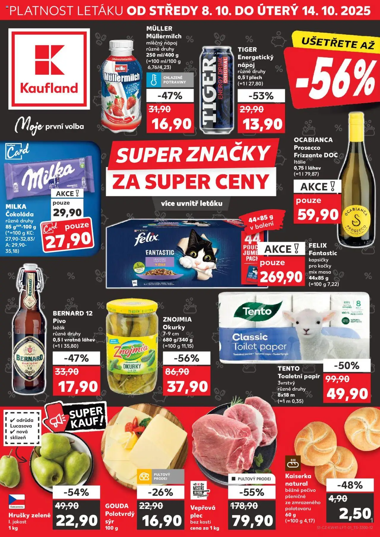  KAUFLAND Leták - Praha 8 (08.10.2025) příští týden - Potraviny, Pivo, Vepřová plec, Bernard, Felix, Energy drink, Pivo Bernard, Felix fantastic