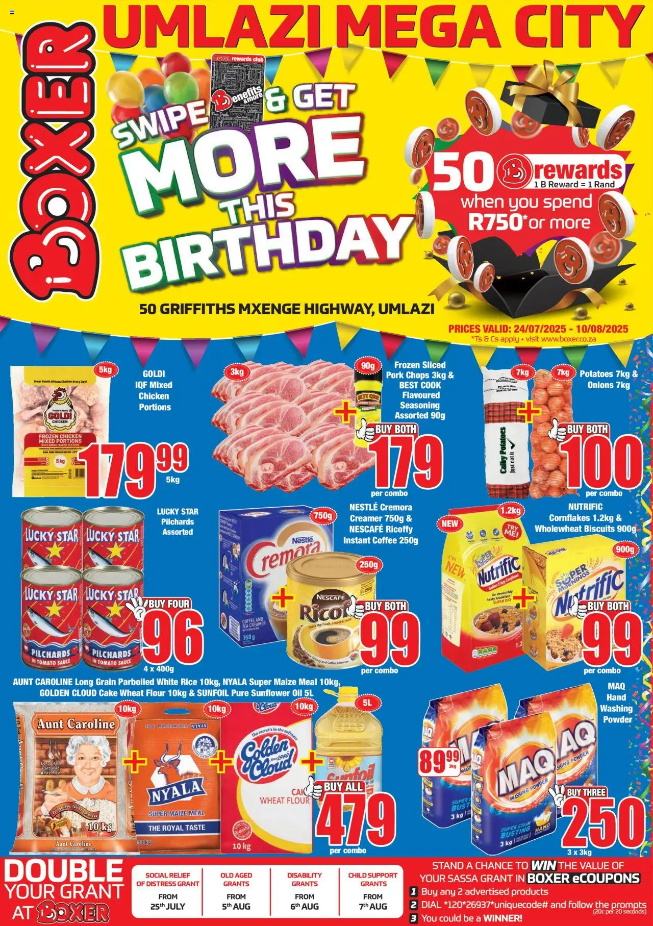 Boxer KwaZulu-Natal - Umlazi Mega City Specials from 24/07 - 10/08/2025 > Promotions - Coffee, Chicken, Tea, Rice, Onions, Pork, Tomato sauce, Frozen chicken