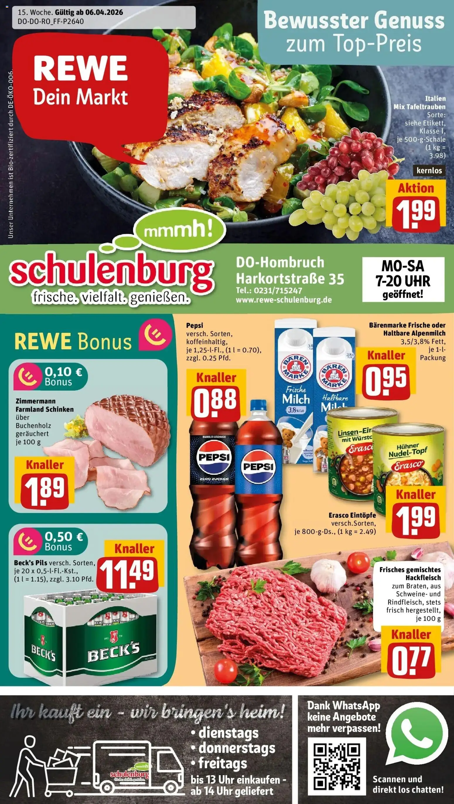 Vorschau von dem Prospekt des Geschäftes Rewe, gültig ab dem 05.04.2026 - Uhr, Wurst, Milch, Hackfleisch, Zucker, Pepsi, Pils, Erasco