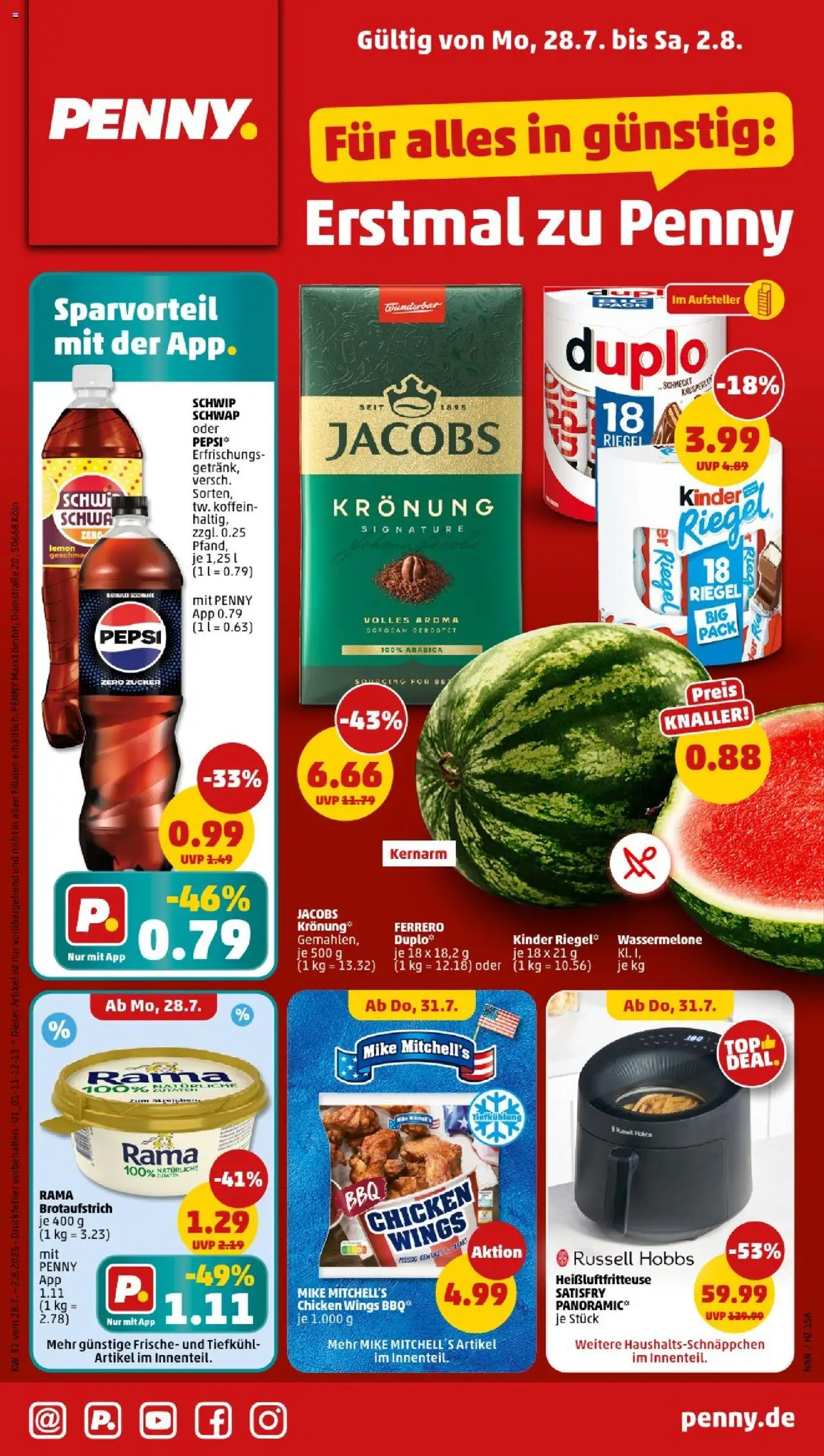 Penny Prospekt ab 28.07.2025 - Sachsen - Heißluftfritteuse, Wassermelone, Zucker, Pepsi, Rama
