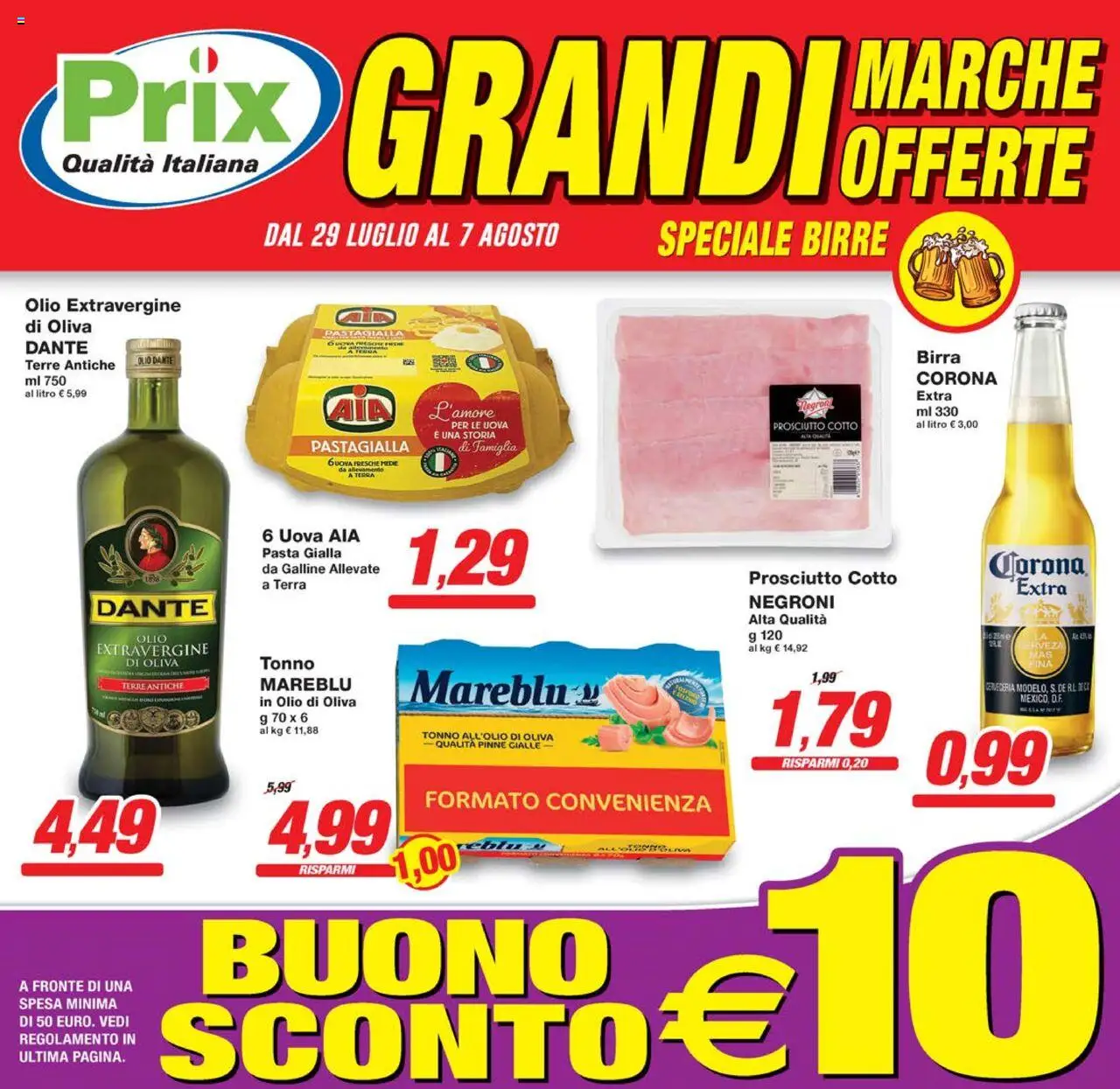 Volantino Prix valido da 29/07/2025 numero di pagina 1 - Prosciutto Cotto, Uova, Birra, Pasta, Pinne, Tonno, Corona Extra, Olio di Oliva