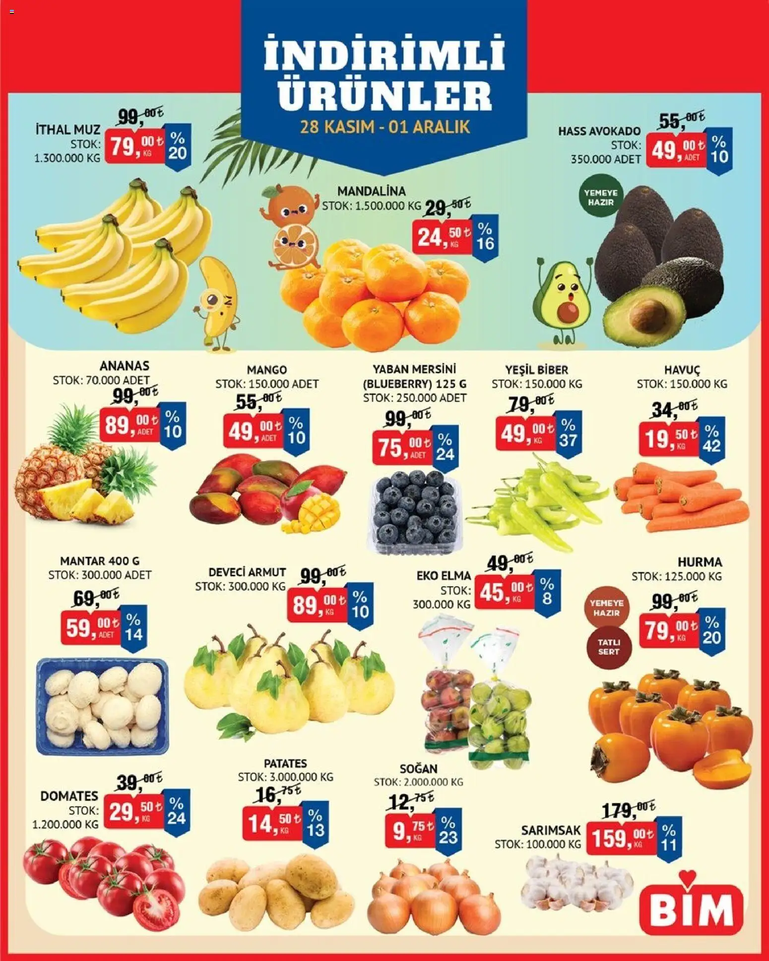 BİM Meyve Sebze 28.11.2025 - Broşürünün önizlemesi - Mango, Ananas, Avokado, Patates, Hurma, Muz, Sarımsak, Biber