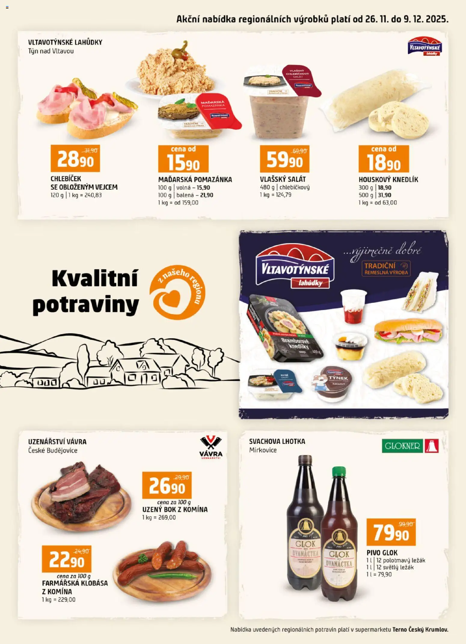 Náhled nabídky: Terno Leták - Český Krumlov platný od 26.11.2025 - Potraviny, Pivo, Houskový knedlík, Salát, Knedlík, Pomazánka, Klobása