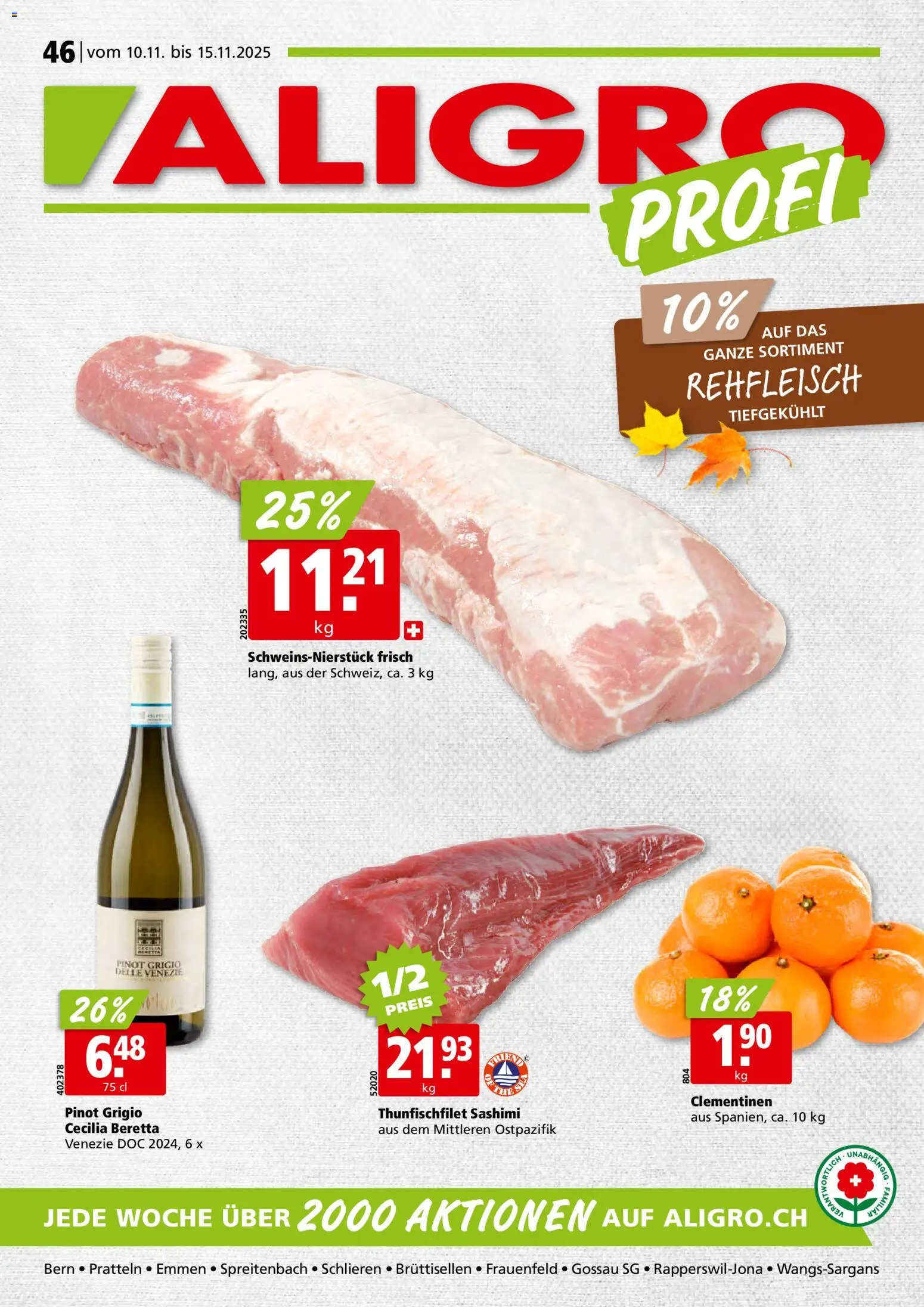 Vorschau des Merkblatts Aktionen Schlieren, Gossau SG, Frauenfeld, Rapperswil-Jona, Sargans, Bern, Brüttisellen, Pratteln, Emmen, Spreitenbach vom Shop Aligro gültig von 10.11.2025 bis 15.11.2025